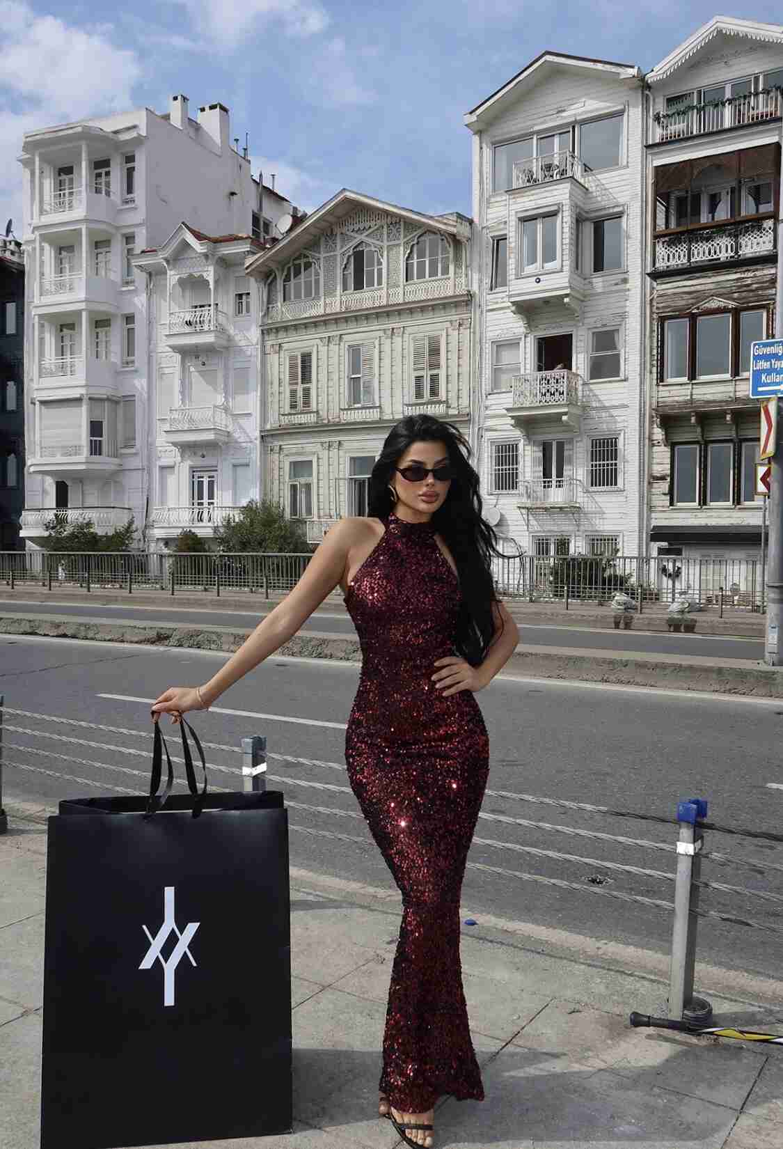 Sequin Detail Long Dress - Burgundy - Brand: EYYO ATELIER - Women & Kids, Baby Clothes Wholesale - TheBS Women