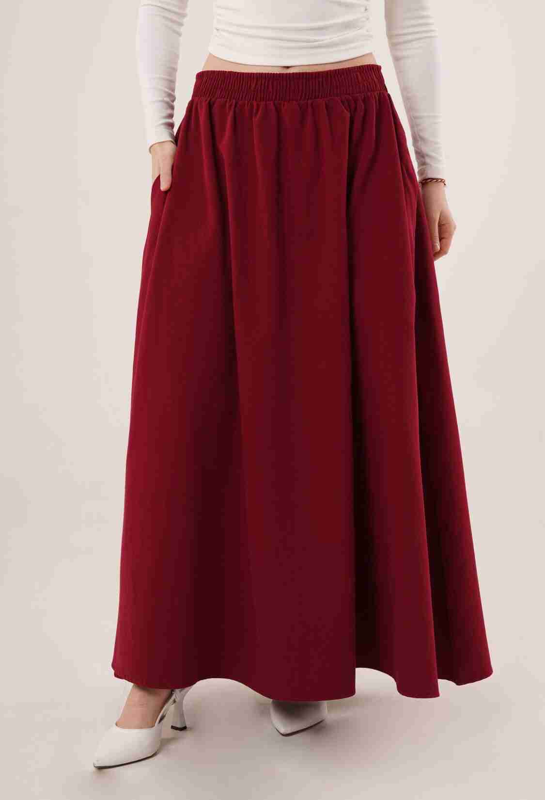 Elastic Waist Pocket Detailed Long Burgundy Wholesale Skirt - Brand: Lustrin - Women & Kids, Baby Clothes Wholesale - TheBS Women