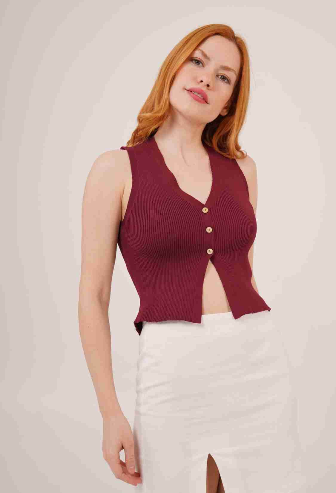 Zero Sleeve Button Detailed Ribbed Burgundy Wholesale Blouse - Brand: Lustrin - Women & Kids, Baby Clothes Wholesale - TheBS Women