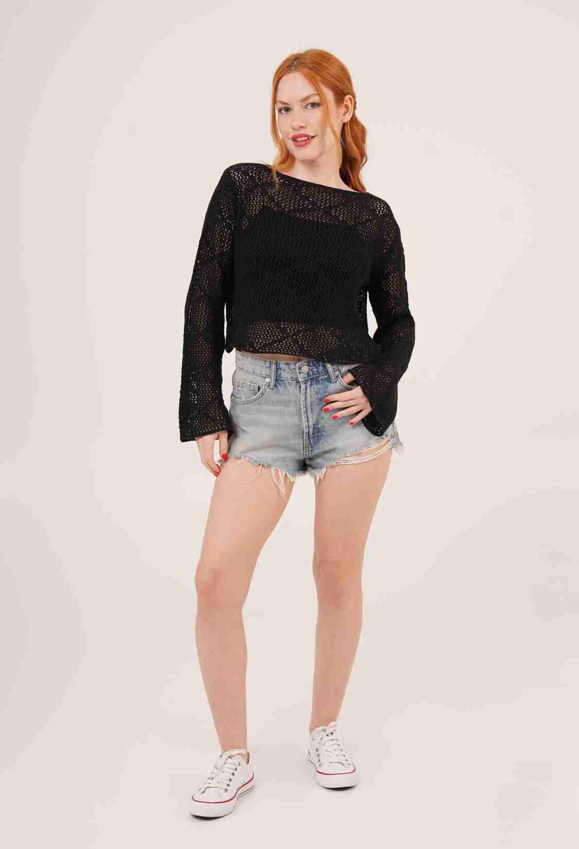Boat Neck Ruffle Sleeve Detailed Openwork WholesaleBlouse - Brand: Lustrin - Women & Kids, Baby Clothes Wholesale - TheBS Women