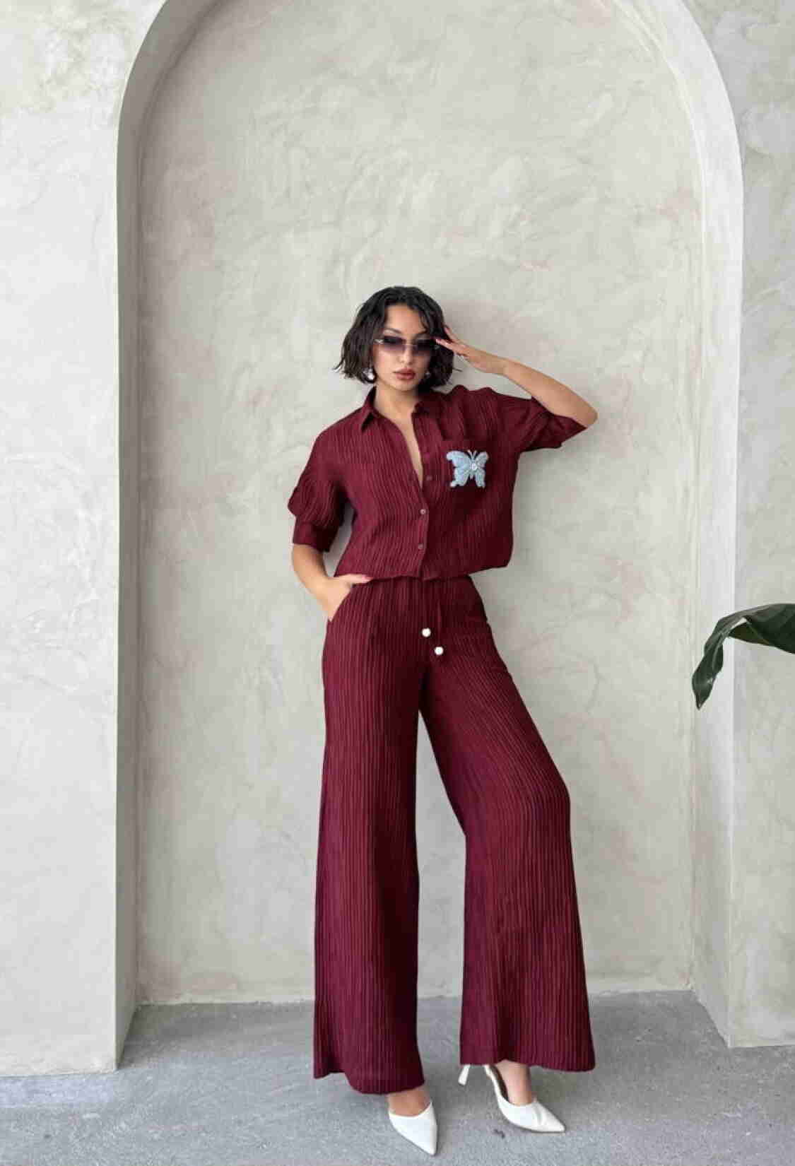 Butterfly Detailed Pleated Shirt - Burgundy - Brand: Topshow - Women & Kids, Baby Clothes Wholesale - TheBS Women
