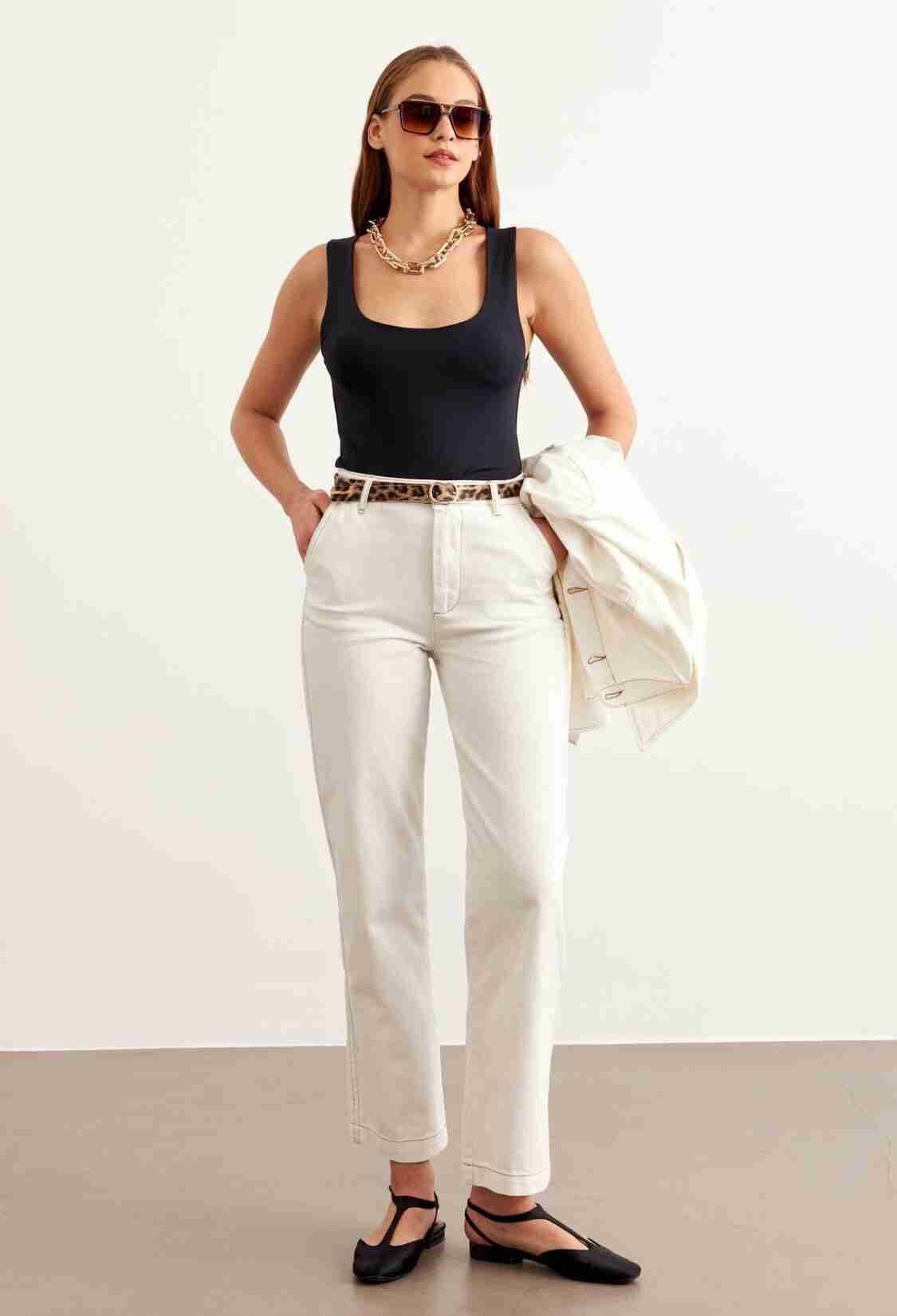 Leopard Belt Detailed Gabardine Pants Ecru - Brand: Levure - Women & Kids, Baby Clothes Wholesale - TheBS Women