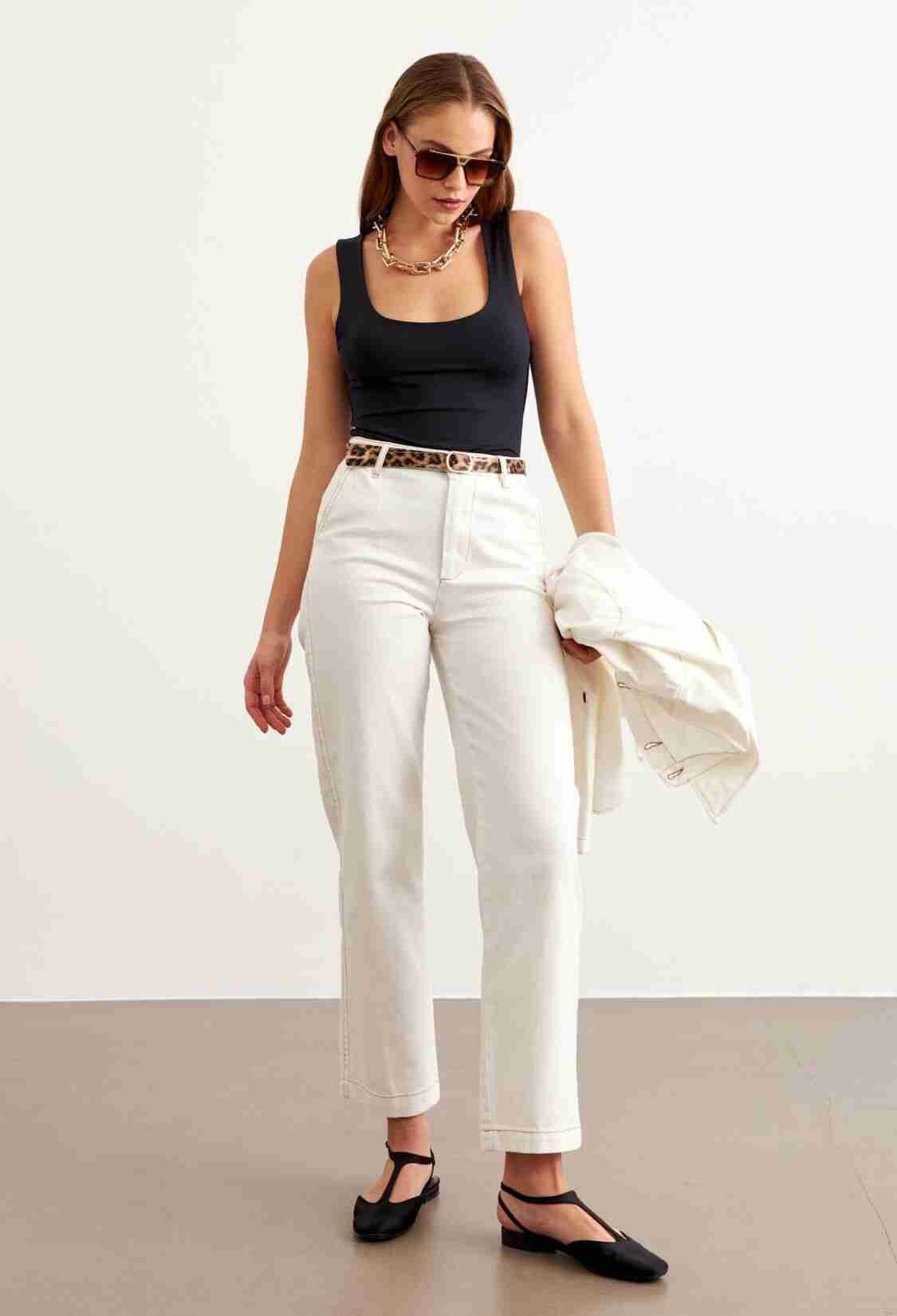 Leopard Belt Detailed Gabardine Pants Ecru - Brand: Levure - Women & Kids, Baby Clothes Wholesale - TheBS Women