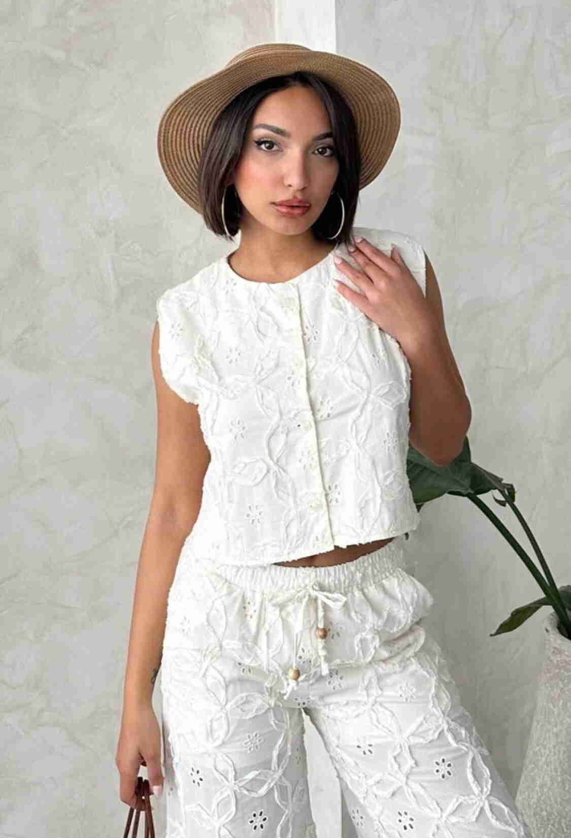 Embroidered Slit Sleeveless Blouse - Cream - Brand: Topshow - Women & Kids, Baby Clothes Wholesale - TheBS Women