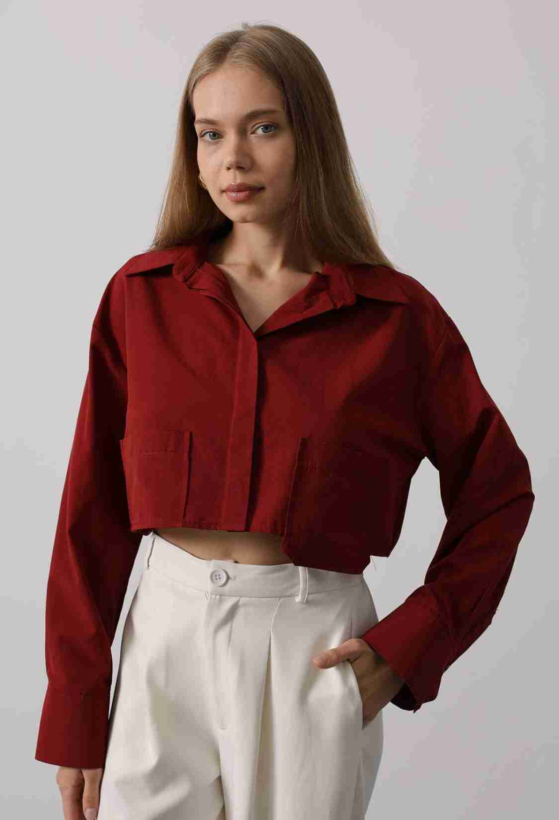 Short Size Double Pocket Shirt - Burgundy - Brand: Reyon - Women & Kids, Baby Clothes Wholesale - TheBS Women