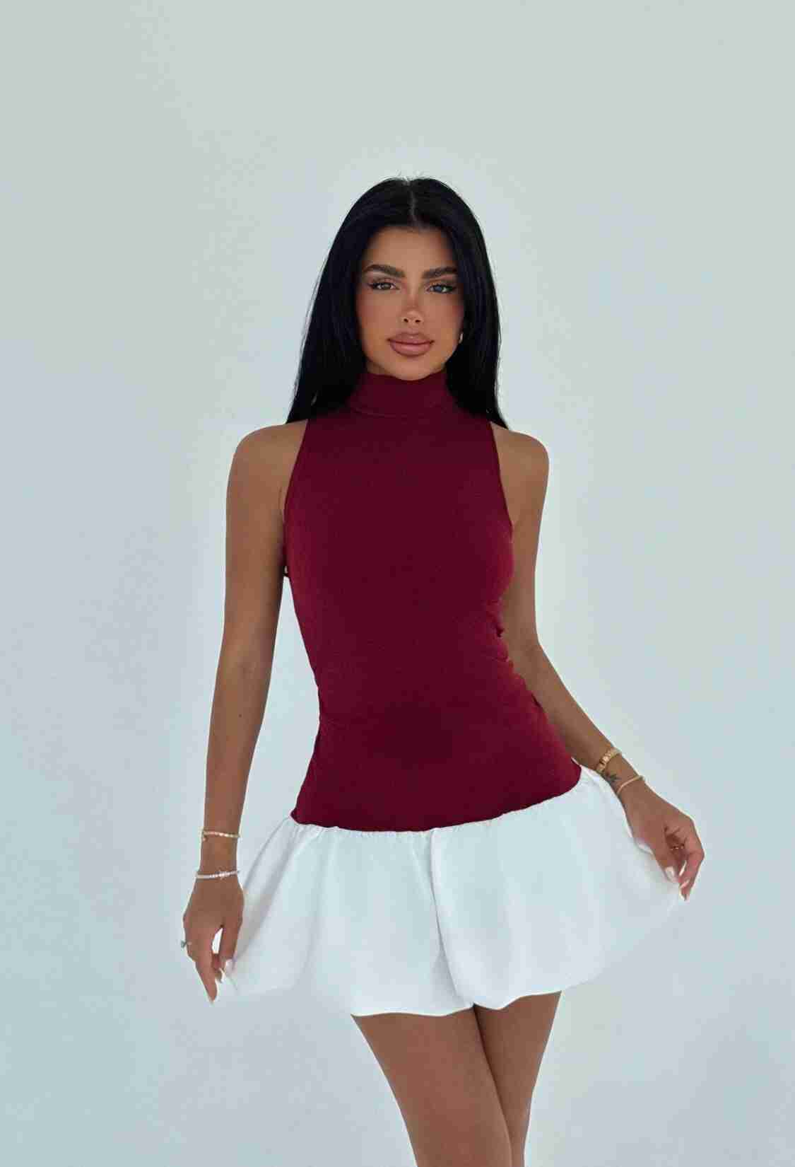 ClaretBabydoll Mini Dress With High Neck - Brand: EYYO ATELIER - Women & Kids, Baby Clothes Wholesale - TheBS Women