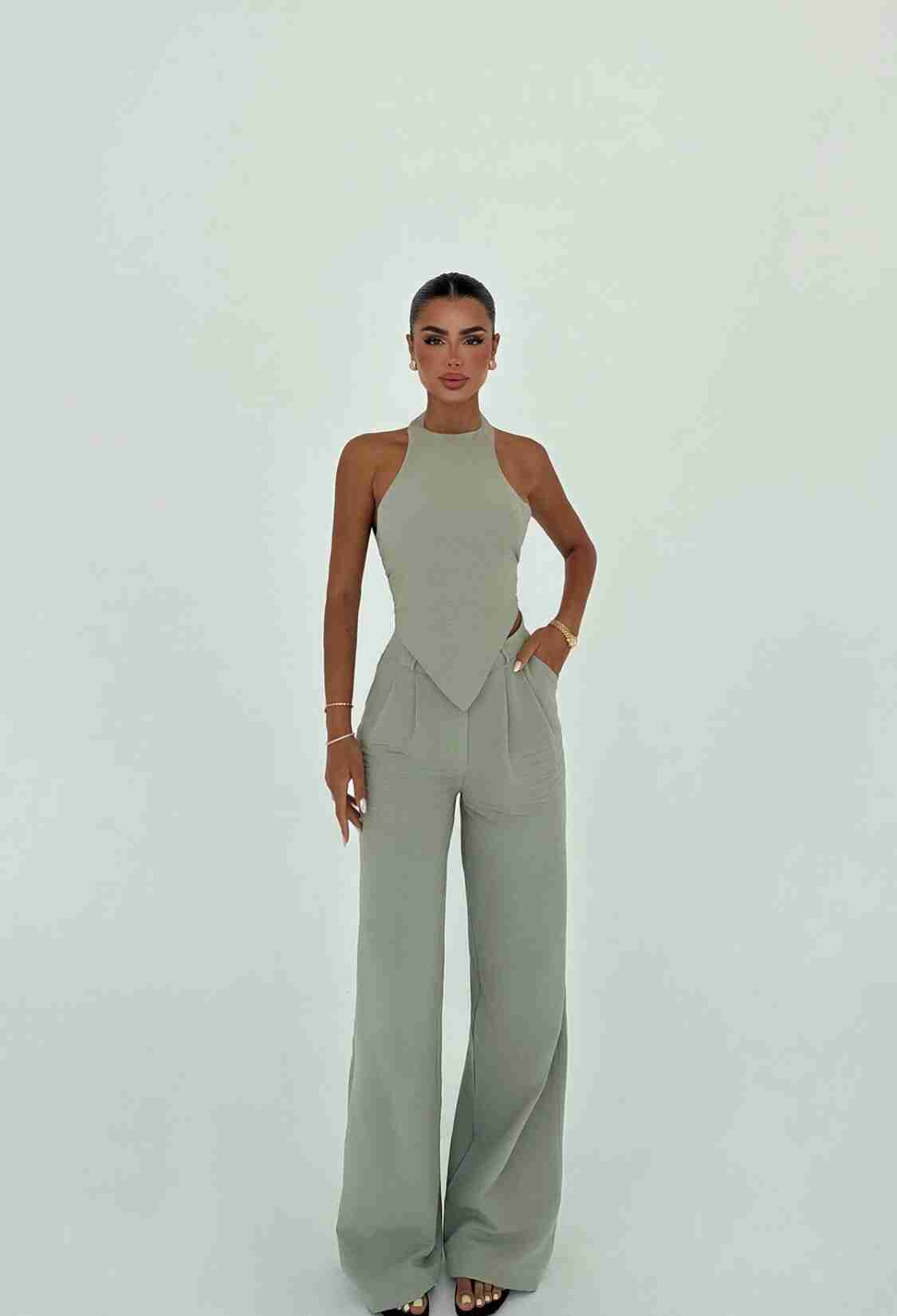 Khaki Sleeveless Halter Neck Palazzo Suit - Brand: EYYO ATELIER - Women & Kids, Baby Clothes Wholesale - TheBS Women