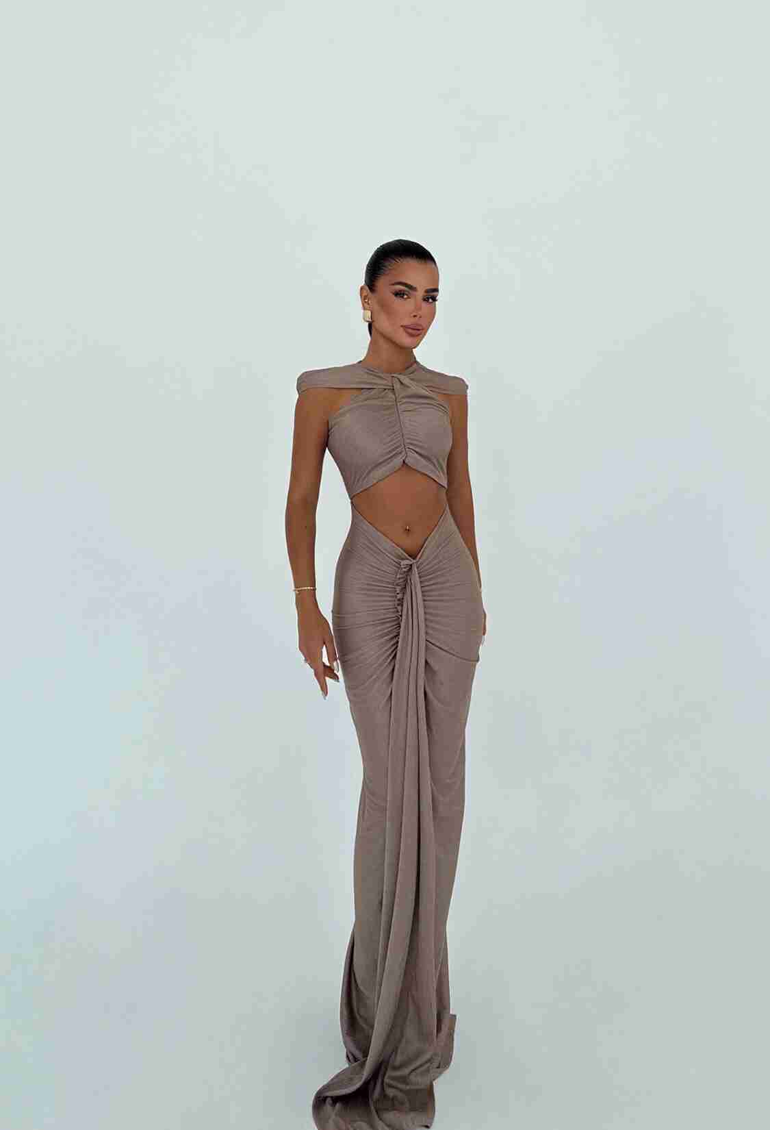 Sexy Elegant Beige Cut-Out Floor Length Dress - Brand: EYYO ATELIER - Women & Kids, Baby Clothes Wholesale - TheBS Women