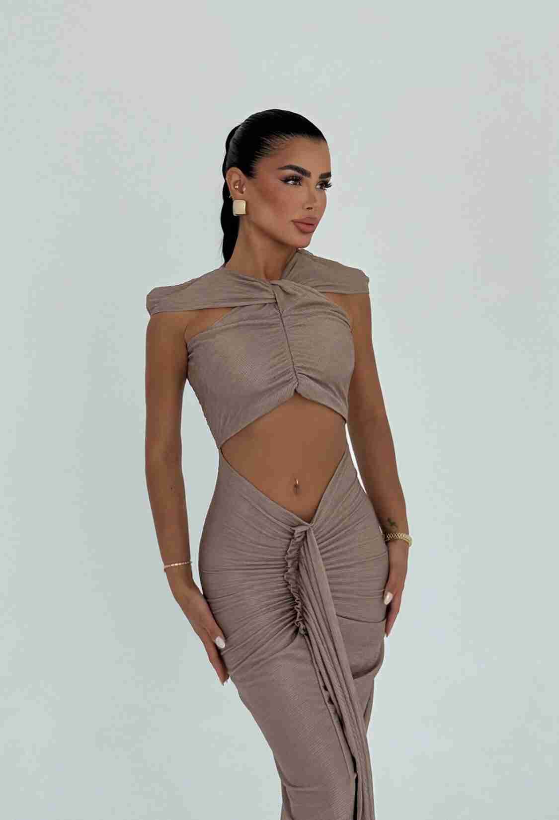 Sexy Elegant Beige Cut-Out Floor Length Dress - Brand: EYYO ATELIER - Women & Kids, Baby Clothes Wholesale - TheBS Women