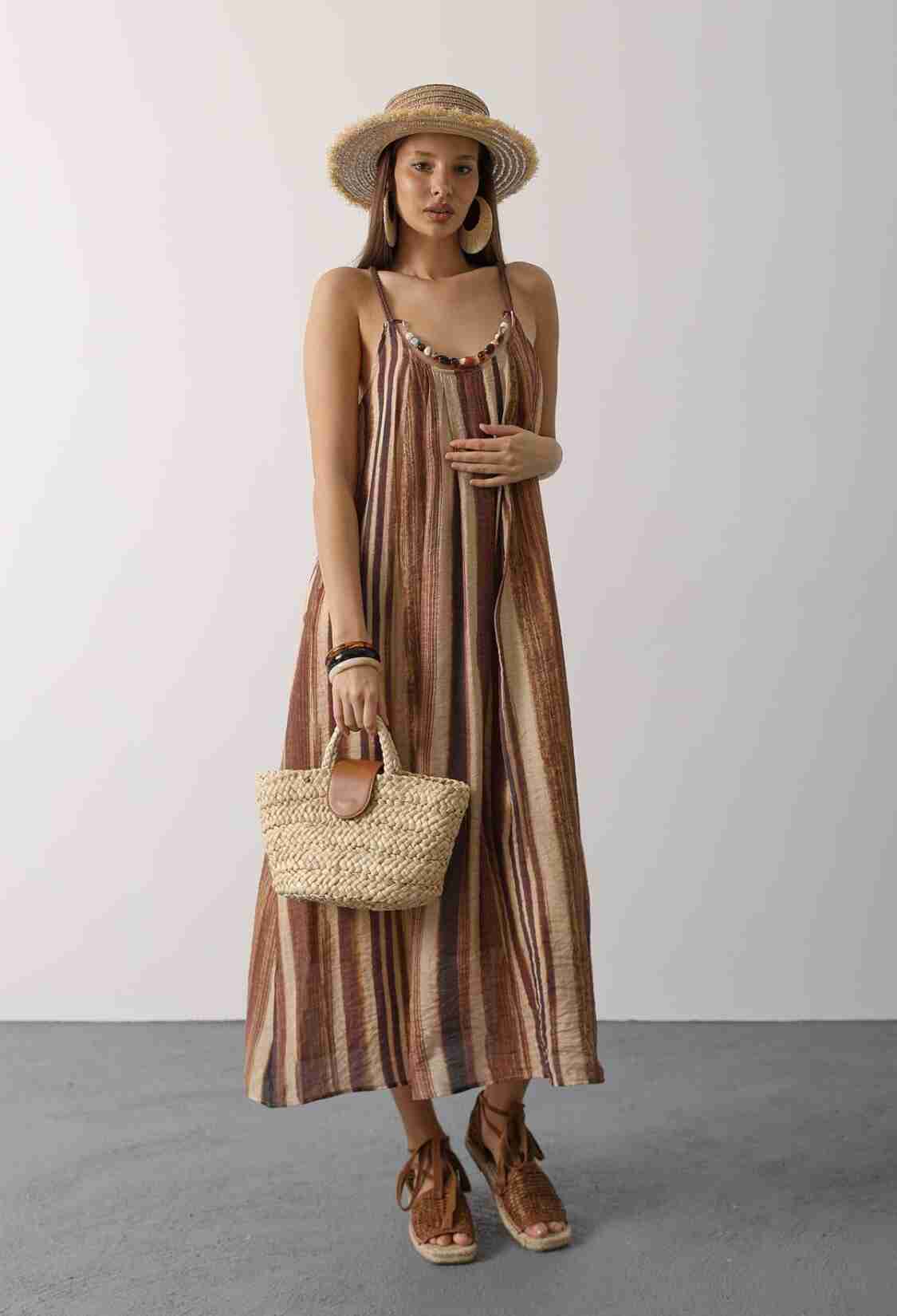 Brown Boho Sleeveless Striped Slip Dress - Brand: Reyon - Women & Kids, Baby Clothes Wholesale - TheBS Women