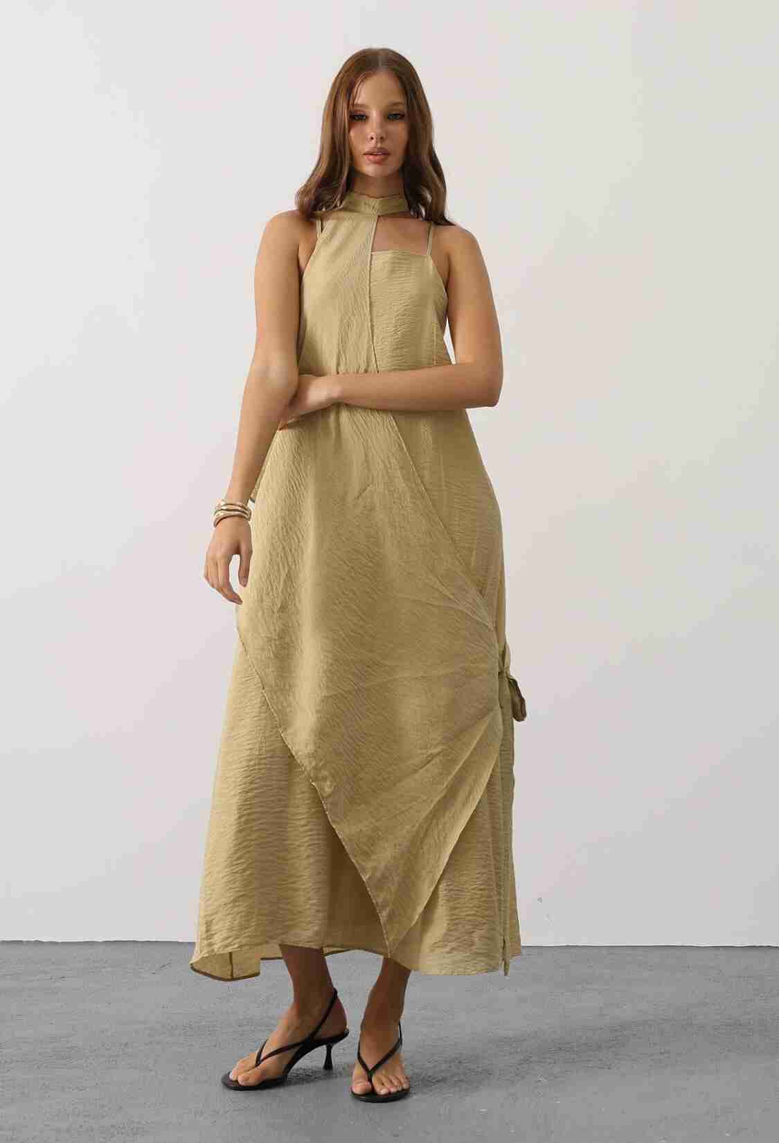 Khaki Elegant Sleeveless Midi Slit Dress - Brand: Reyon - Women & Kids, Baby Clothes Wholesale - TheBS Women