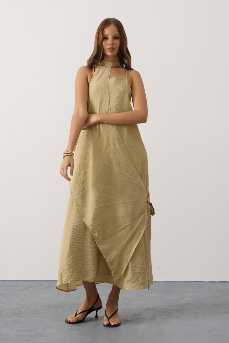 Khaki Elegant Sleeveless Midi Slit Dress - Brand: Reyon - Women & Kids, Baby Clothes Wholesale - TheBS Women