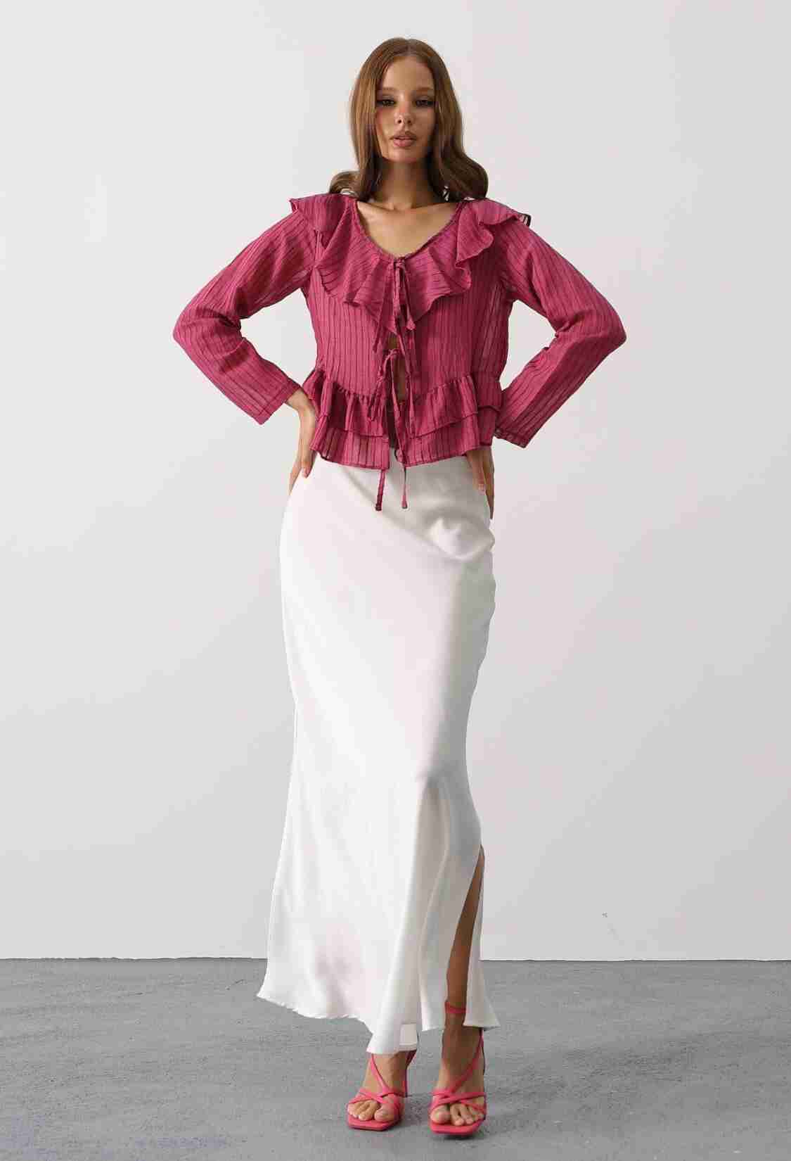 Fuchsia Striped V-Neck Blouse With Long Straight Sleeves - Brand: Reyon - Women & Kids, Baby Clothes Wholesale - TheBS Women