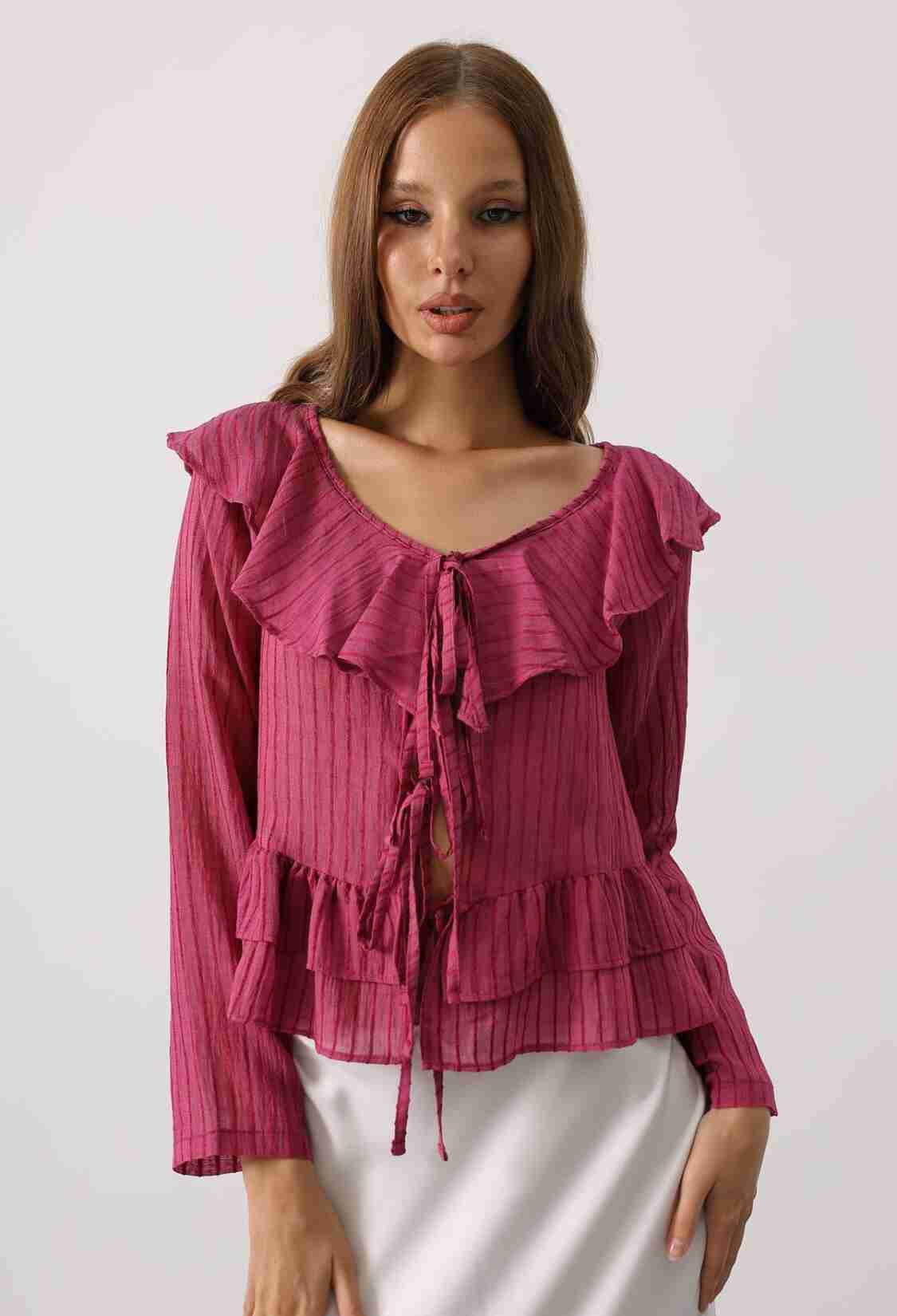 Fuchsia Striped V-Neck Blouse With Long Straight Sleeves - Brand: Reyon - Women & Kids, Baby Clothes Wholesale - TheBS Women
