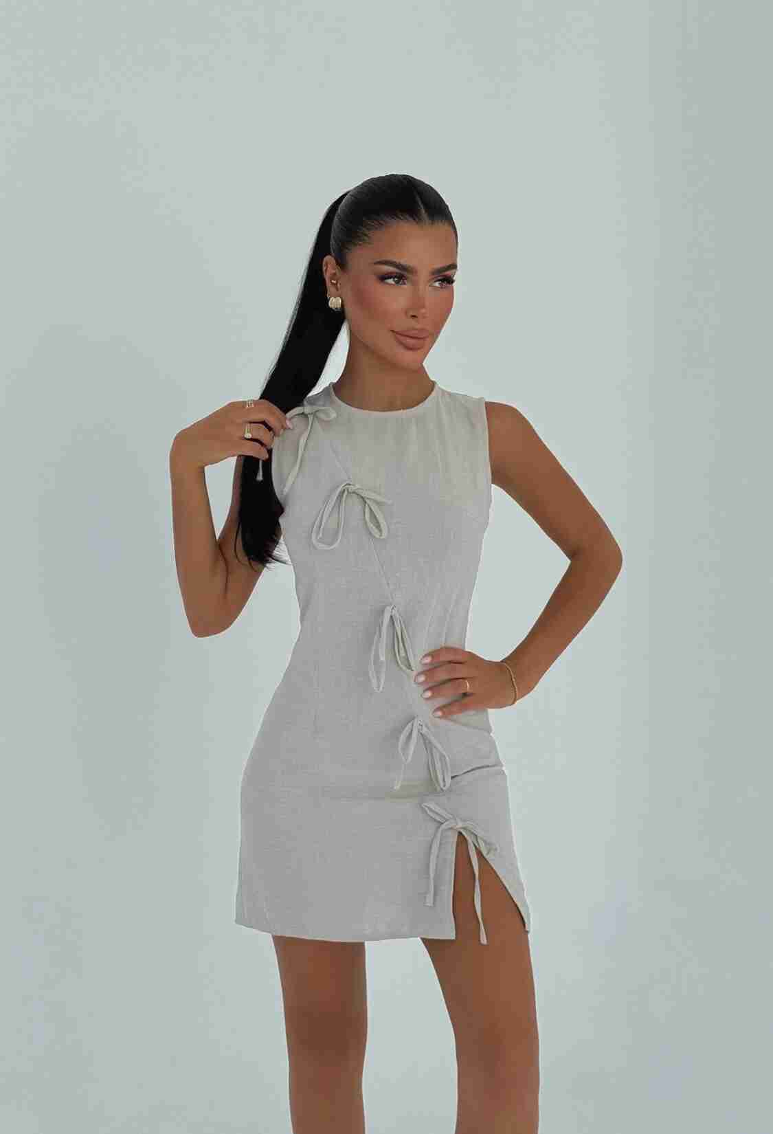 Beige Bodycon Mini Dress With Cap Sleeves - Brand: EYYO ATELIER - Women & Kids, Baby Clothes Wholesale - TheBS Women