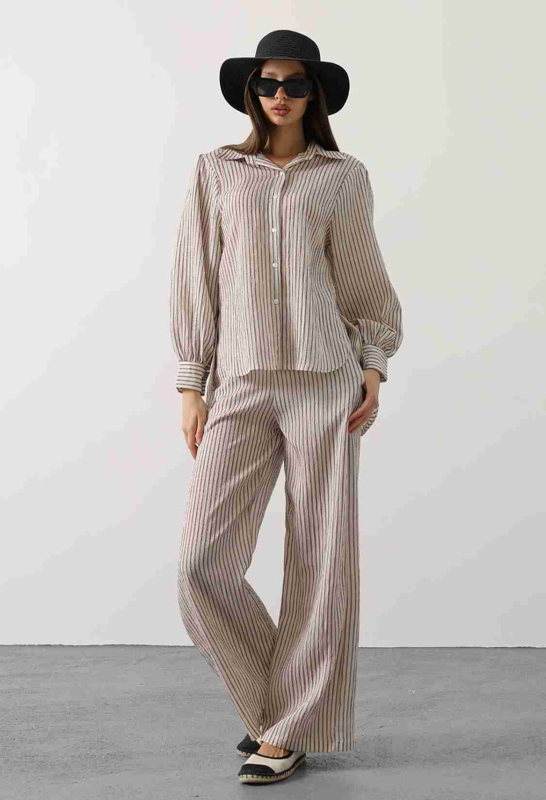 Beige Striped Casual Elegant Formal Set - Brand: Reyon - Women & Kids, Baby Clothes Wholesale - TheBS Women