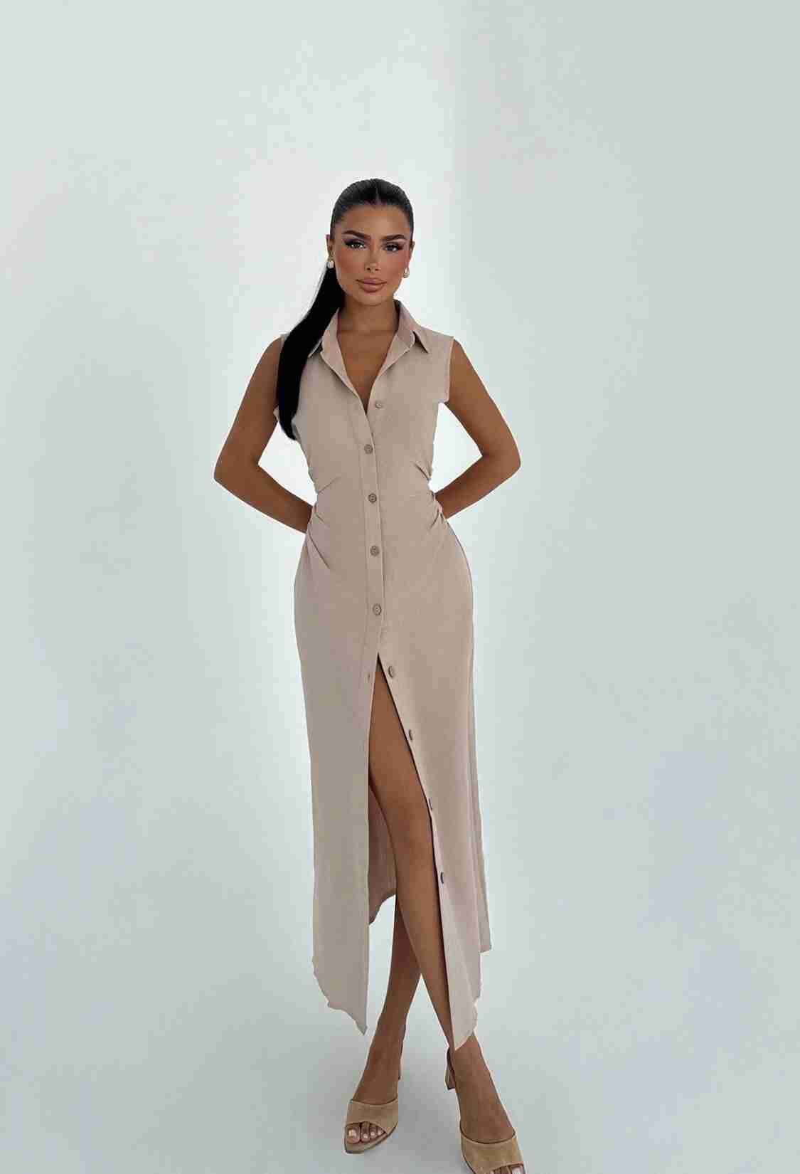 Shirt Dress With Notched Neck And Cap Sleeves - Brand: EYYO ATELIER - Women & Kids, Baby Clothes Wholesale - TheBS Women