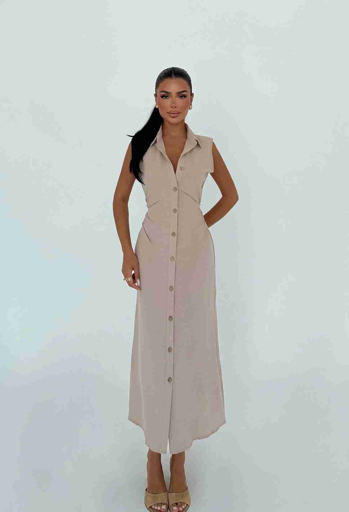 Shirt Dress With Notched Neck And Cap Sleeves - Brand: EYYO ATELIER - Women & Kids, Baby Clothes Wholesale - TheBS Women