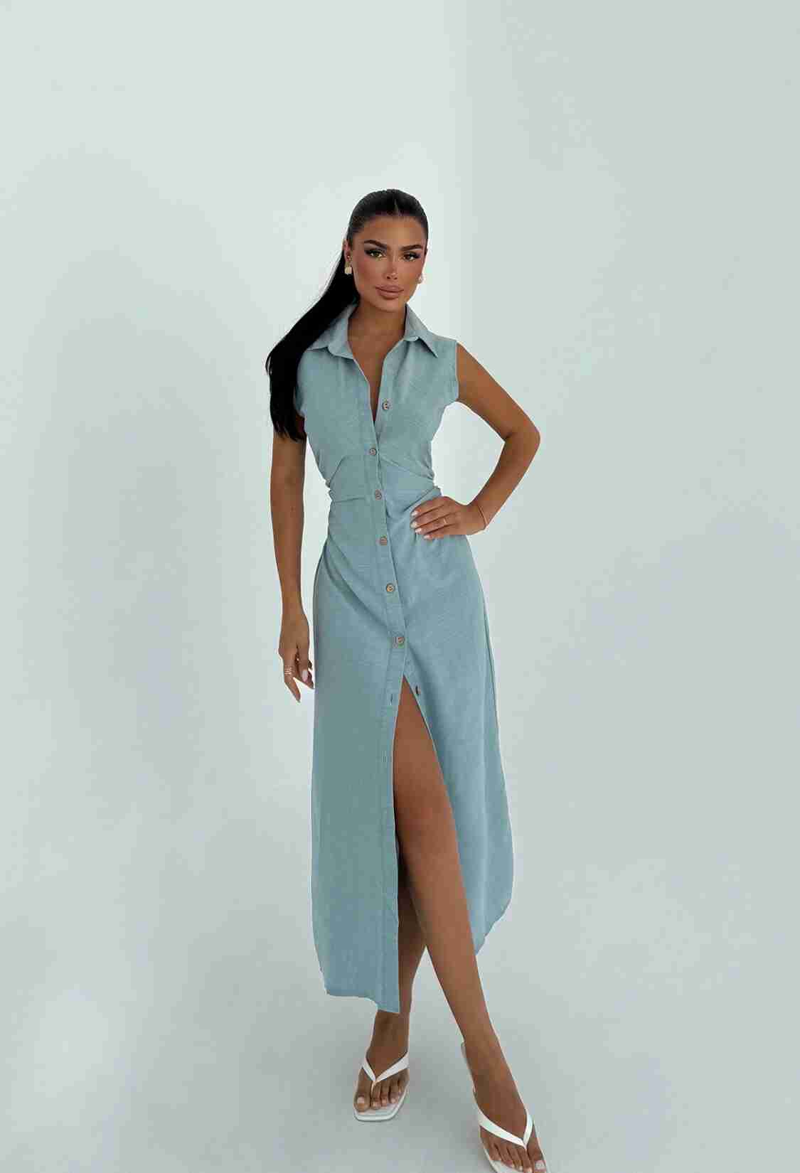 Sleeveless Maxi Shirt Dress With Notched Neck - Brand: EYYO ATELIER - Women & Kids, Baby Clothes Wholesale - TheBS Women
