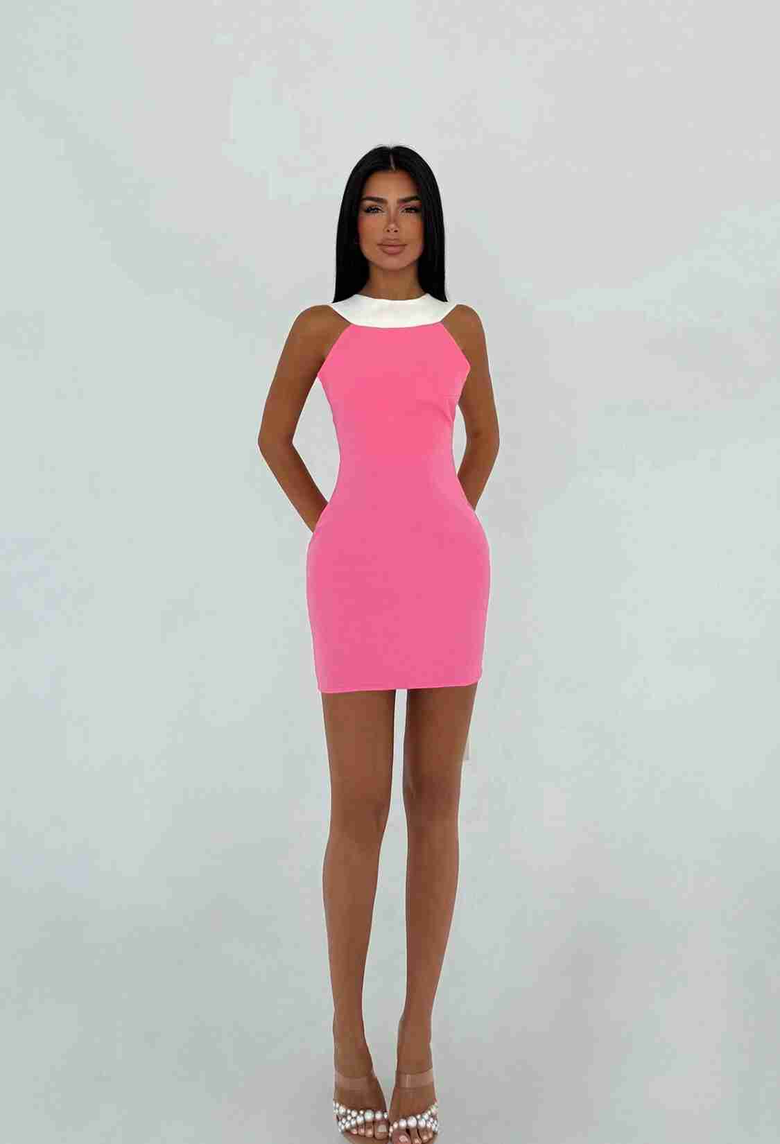 Pink Bodycon Mini Dress With High Neck And Cap Sleeves - Brand: EYYO ATELIER - Women & Kids, Baby Clothes Wholesale - TheBS Women