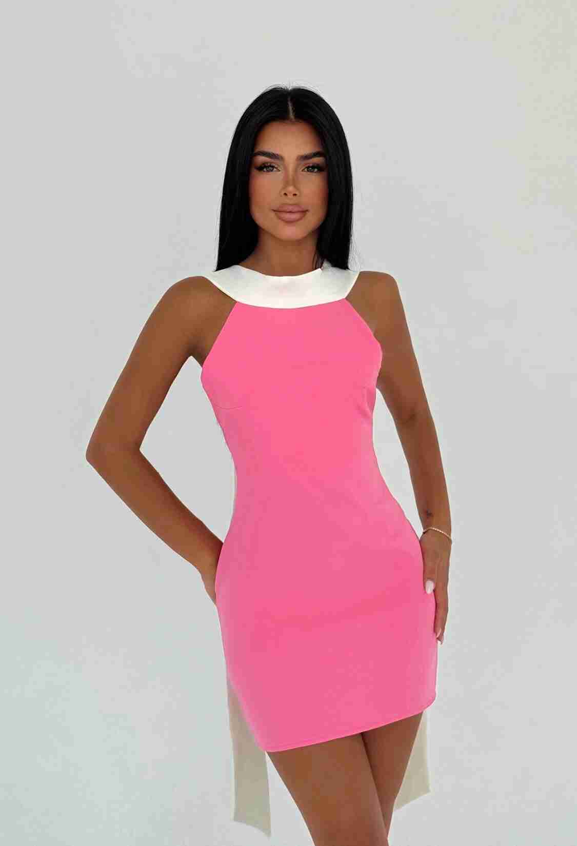 Pink Bodycon Mini Dress With High Neck And Cap Sleeves - Brand: EYYO ATELIER - Women & Kids, Baby Clothes Wholesale - TheBS Women