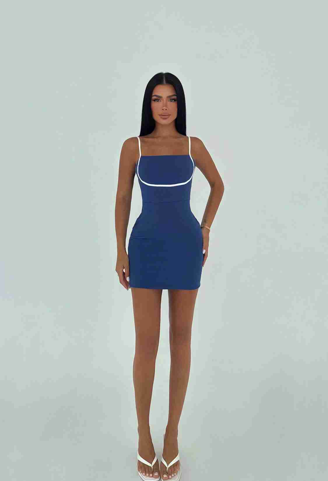 Blue Bodycon Dress With Square Neck And Cap Sleeves - Brand: EYYO ATELIER - Women & Kids, Baby Clothes Wholesale - TheBS Women