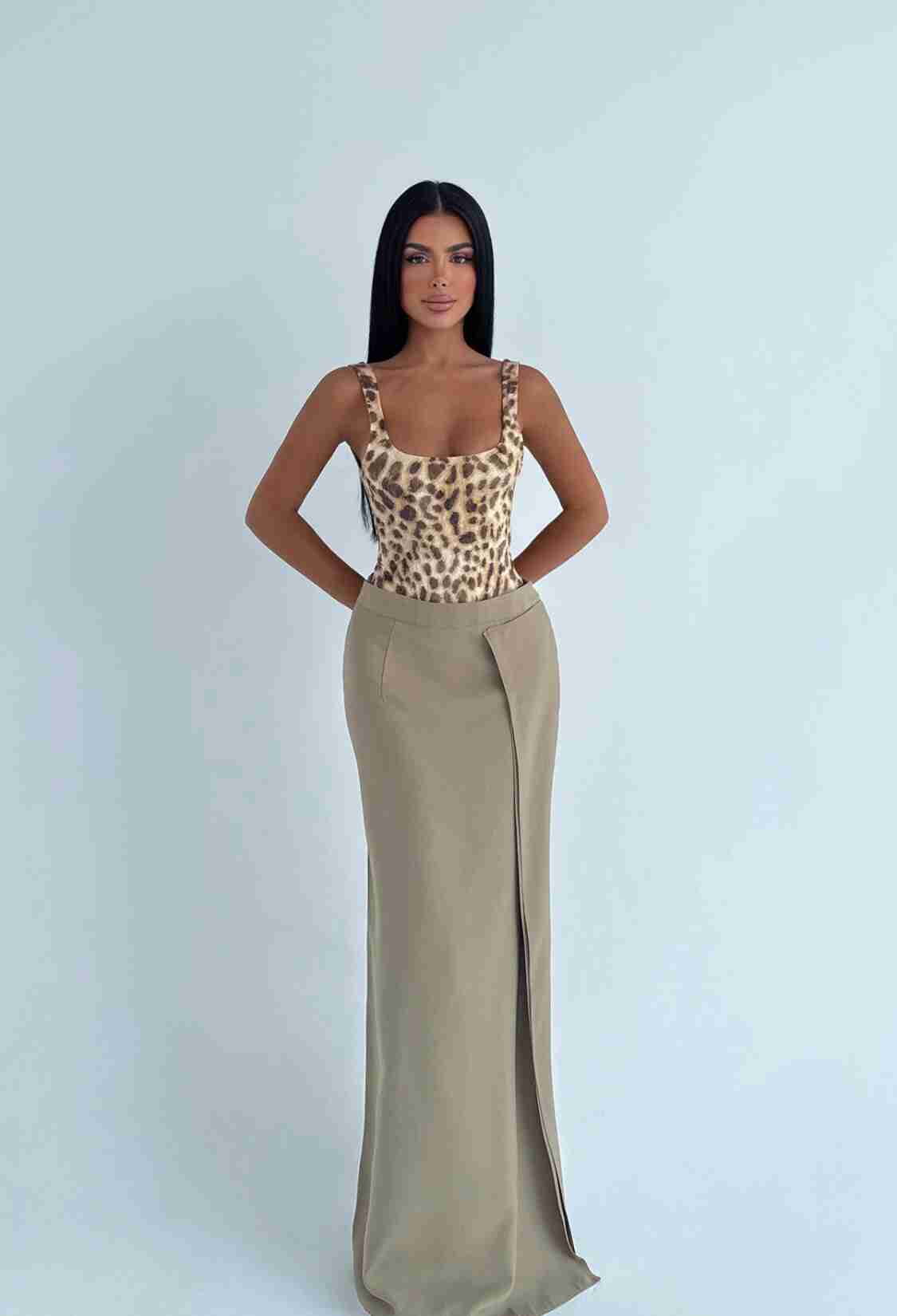 Khaki Wrap Maxi Skirt With High Waist - Elegant & Formal - Brand: EYYO ATELIER - Women & Kids, Baby Clothes Wholesale - TheBS Women