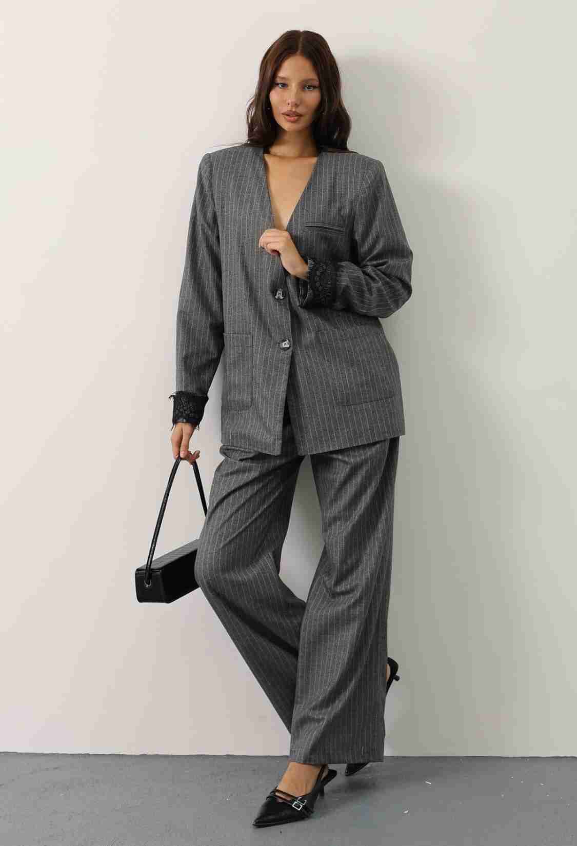 Grey Palazzo Pants With Wide Leg And Buttoned Closure - Brand: Reyon - Women & Kids, Baby Clothes Wholesale - TheBS Women