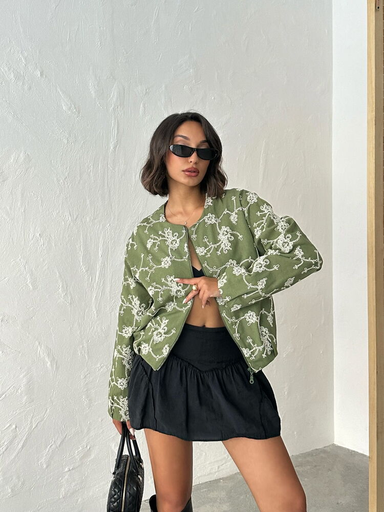 Green Bomber Jacket Casual Streetwear Floral - Brand: Topshow - Women & Kids, Baby Clothes Wholesale - TheBS Women