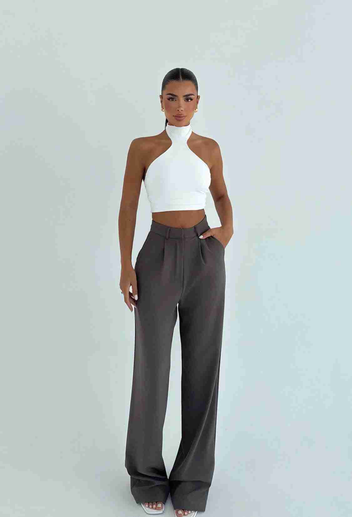 Brown Palazzo Pants With High Waist And Wide Leg - Brand: EYYO ATELIER - Women & Kids, Baby Clothes Wholesale - TheBS Women