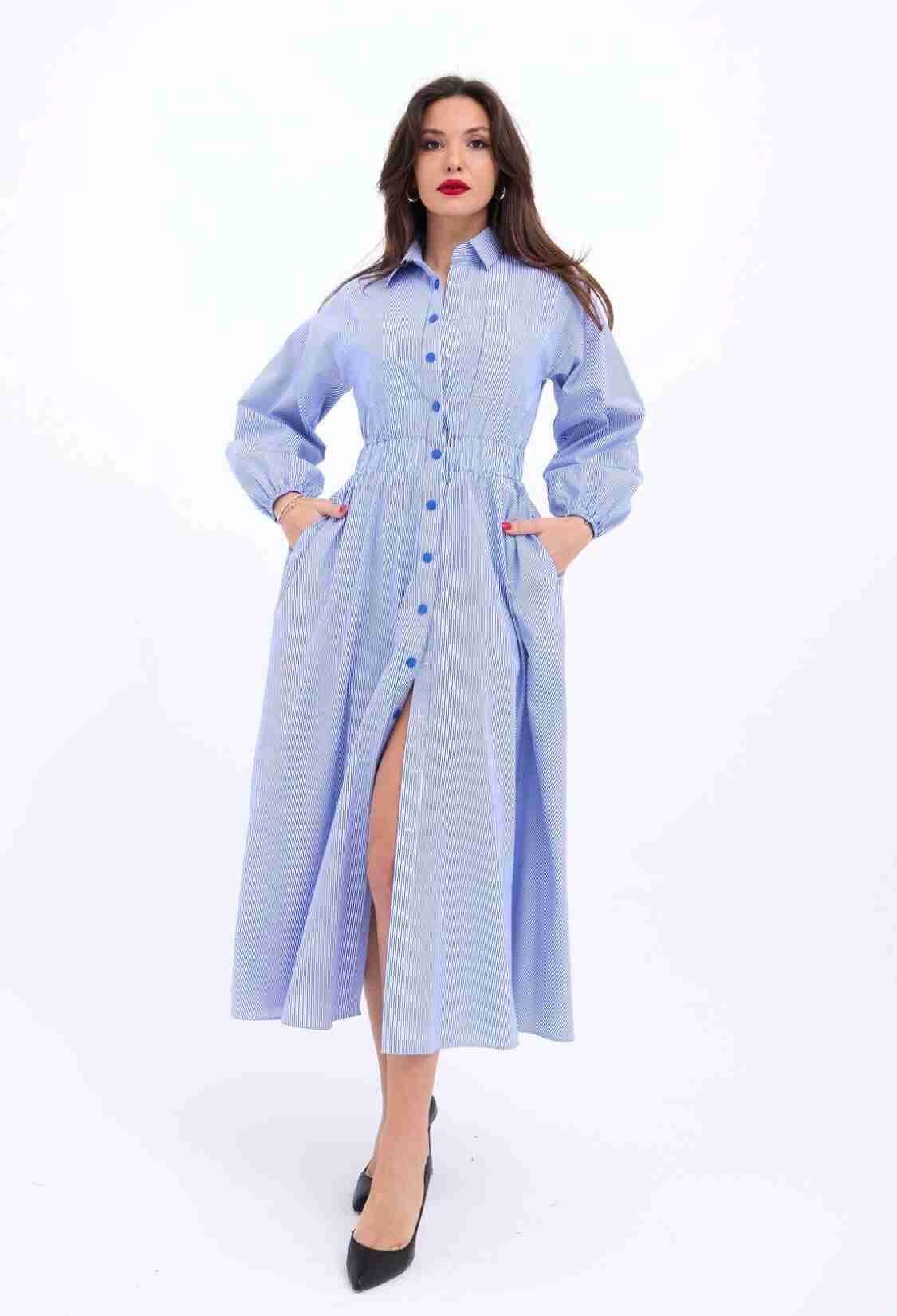 Blue Striped Shirt Dress With Polo Neck - Brand: Fame - Women & Kids, Baby Clothes Wholesale - TheBS Women