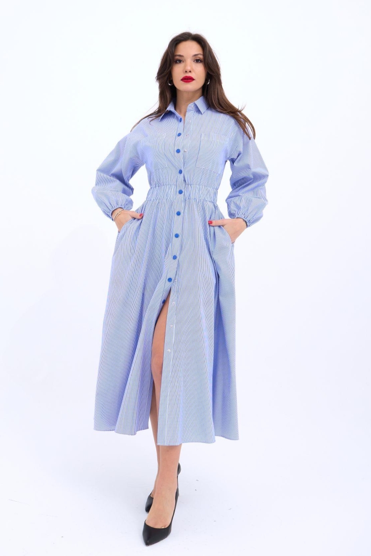 Blue Striped Shirt Dress With Polo Neck - Brand: Fame - Women & Kids, Baby Clothes Wholesale - TheBS Women