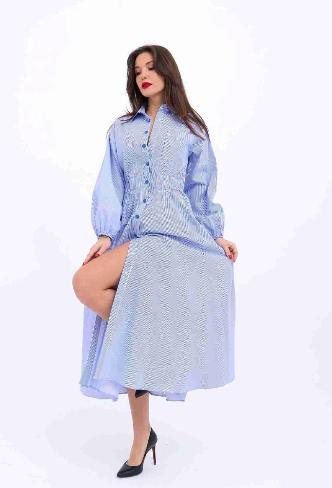 Blue Striped Shirt Dress With Polo Neck - Brand: Fame - Women & Kids, Baby Clothes Wholesale - TheBS Women