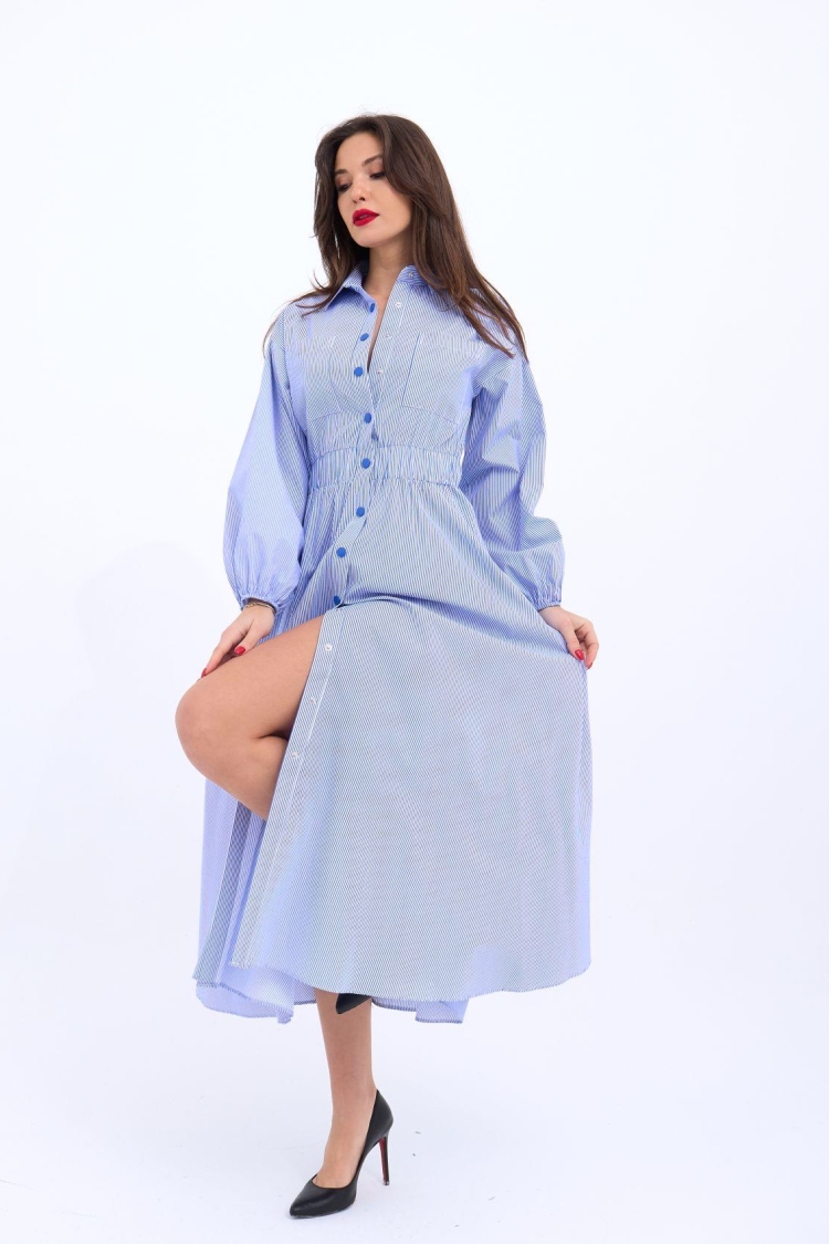 Blue Striped Shirt Dress With Polo Neck - Brand: Fame - Women & Kids, Baby Clothes Wholesale - TheBS Women