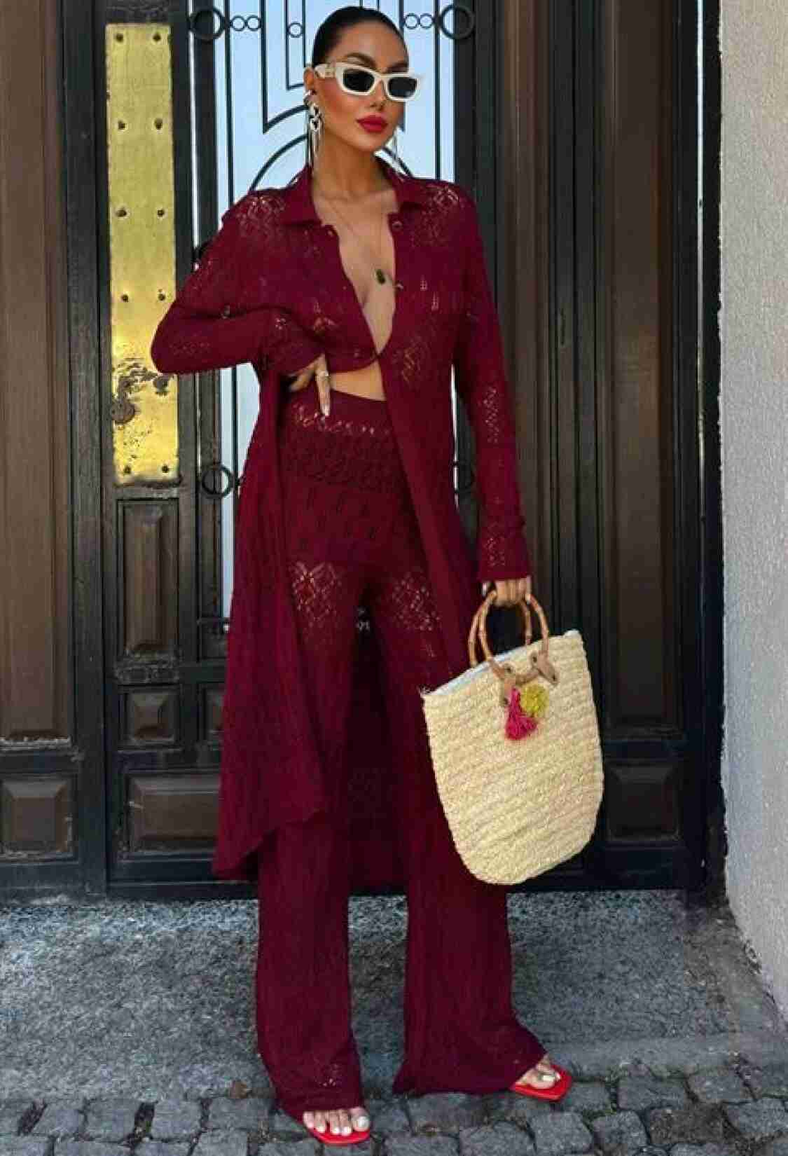 Bridget Openwork Long Cardigan Set - Burgundy - Brand: Sobe Istanbul - Women & Kids, Baby Clothes Wholesale - TheBS Women