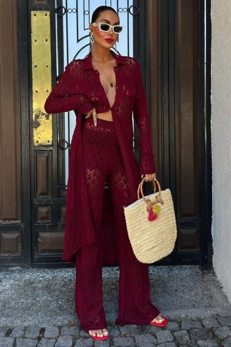 Bridget Openwork Long Cardigan Set - Burgundy - Brand: Sobe Istanbul - Women & Kids, Baby Clothes Wholesale - TheBS Women