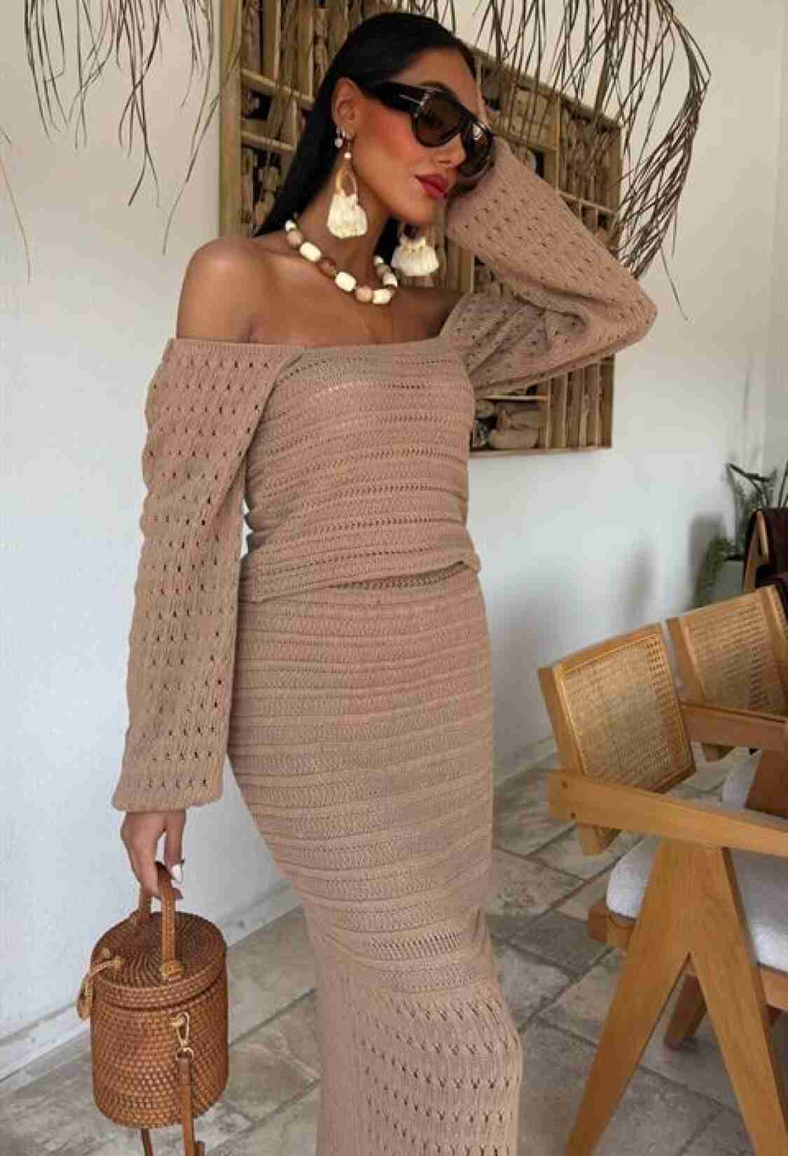Watermelon Sleeve Ethnic Knitwear Suit - Mocha - Brand: Sobe Istanbul - Women & Kids, Baby Clothes Wholesale - TheBS Women