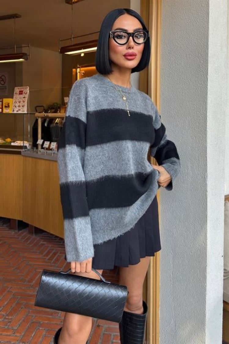Grey Oversized Fit Striped Sweater - Brand: Sobe Istanbul - Women & Kids, Baby Clothes Wholesale - TheBS Women