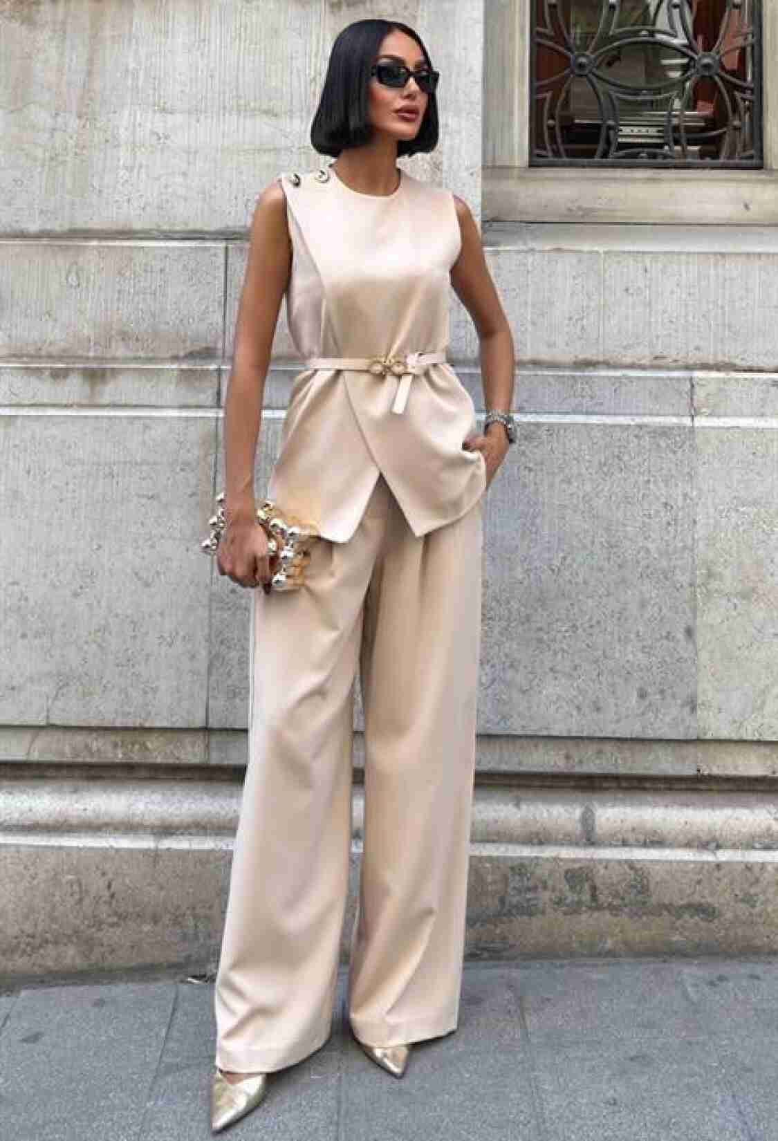 Beige Elegant Formal Set With Wide Leg Palazzo Pants - Brand: Sobe Istanbul - Women & Kids, Baby Clothes Wholesale - TheBS Women