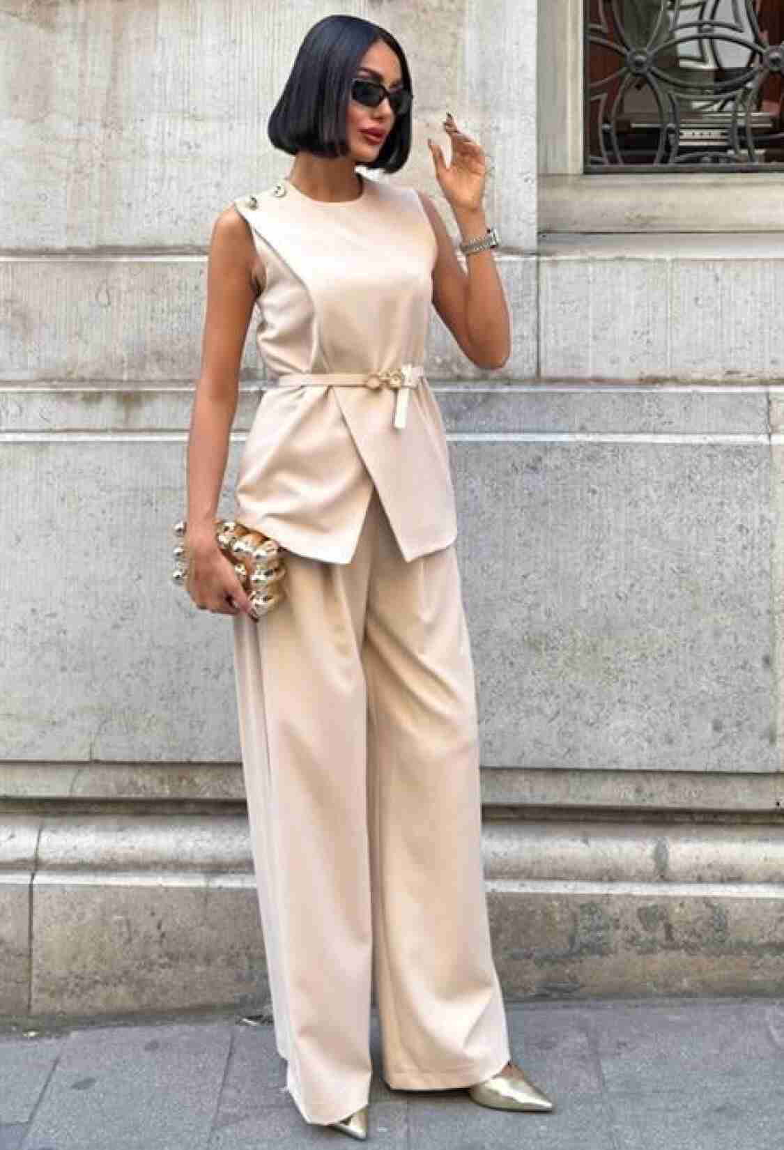 Beige Elegant Formal Set With Wide Leg Palazzo Pants - Brand: Sobe Istanbul - Women & Kids, Baby Clothes Wholesale - TheBS Women