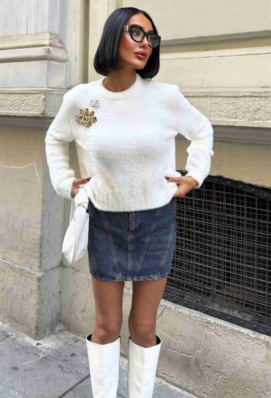 White Sweater With Crew Neck And Long Sleeves - Brand: Sobe Istanbul - Women & Kids, Baby Clothes Wholesale - TheBS Women