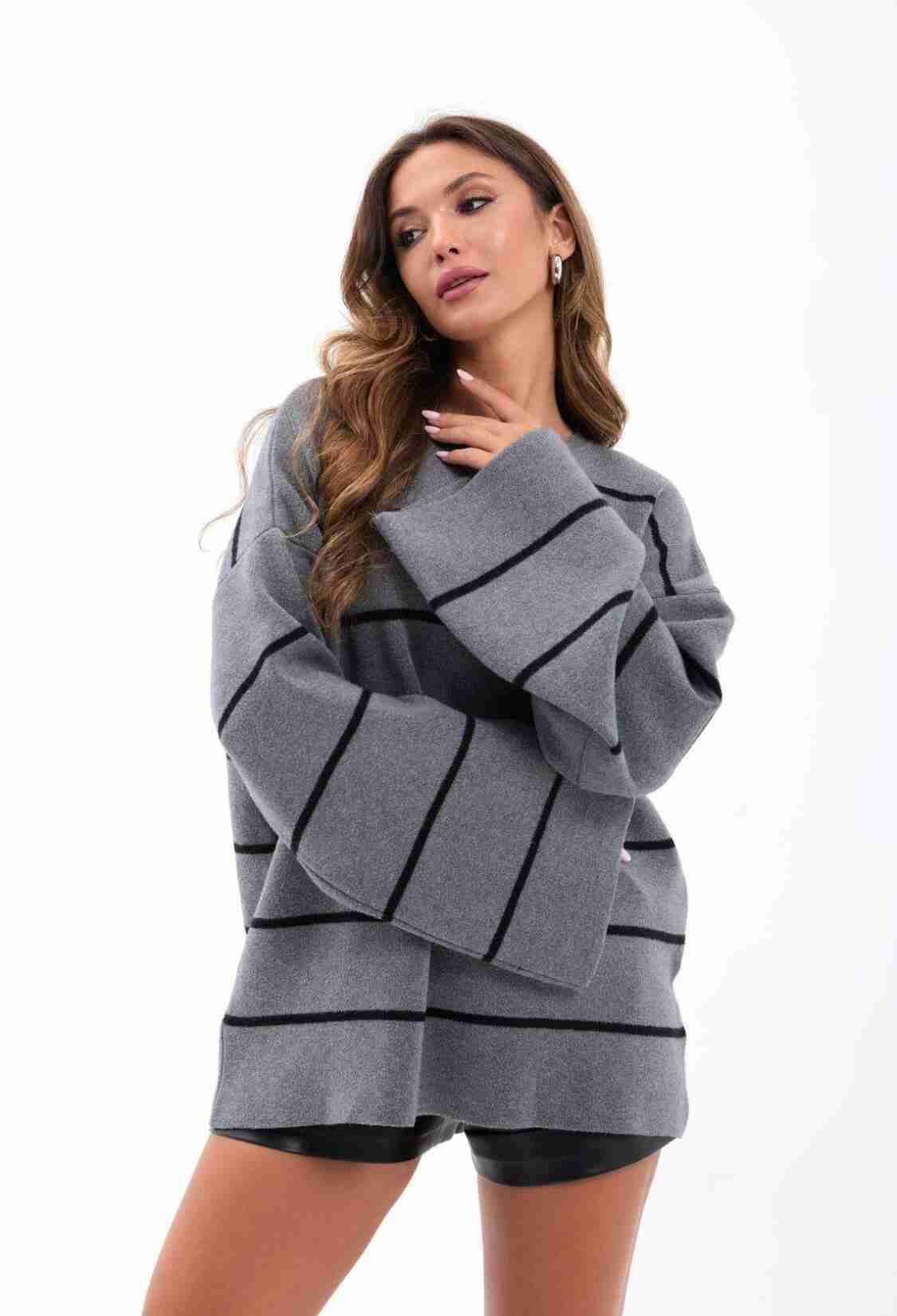 Oversized Fit Striped Sweater With Boat Neck - Brand: Fame - Women & Kids, Baby Clothes Wholesale - TheBS Women
