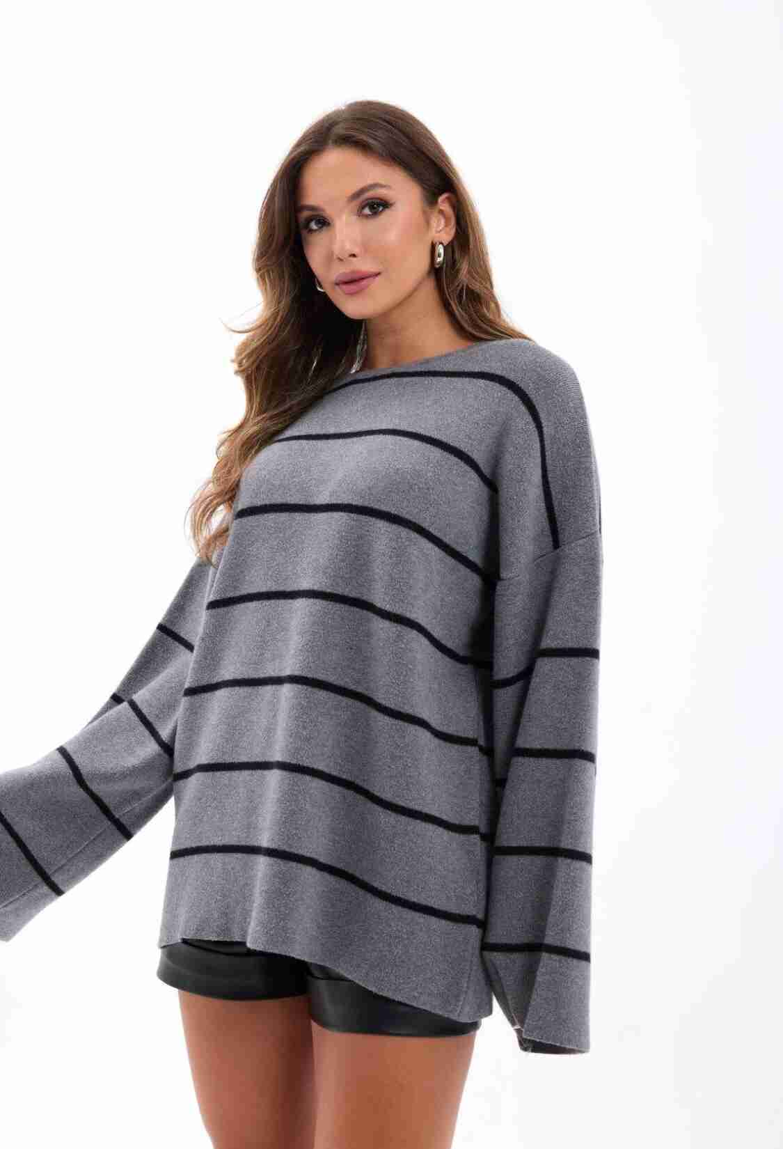 Oversized Fit Striped Sweater With Boat Neck - Brand: Fame - Women & Kids, Baby Clothes Wholesale - TheBS Women