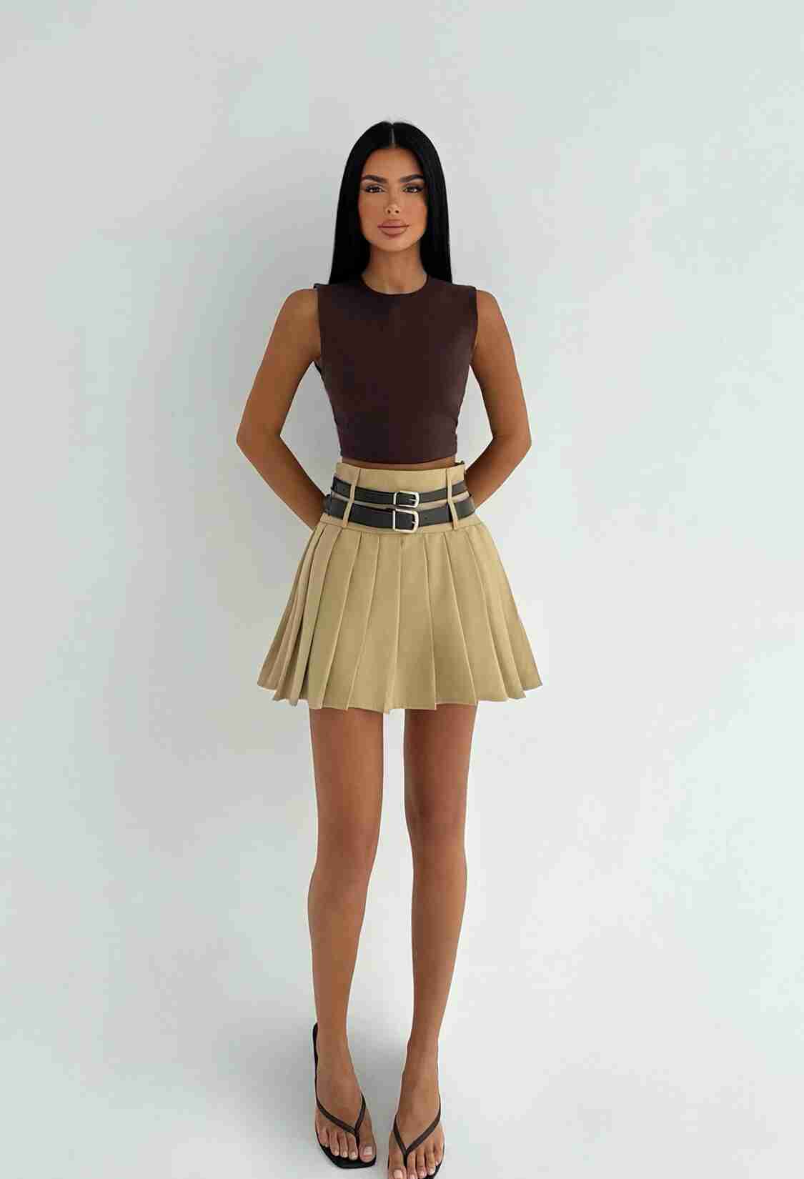 Beige Pleated Mini Skirt High Waist - Brand: EYYO ATELIER - Women & Kids, Baby Clothes Wholesale - TheBS Women