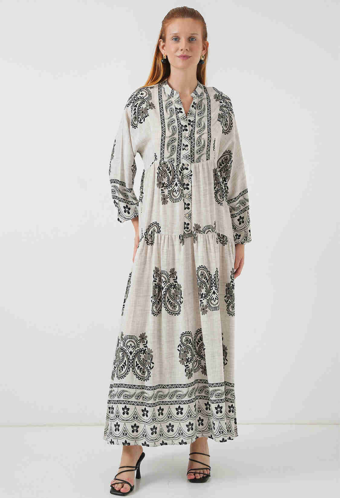 Beige Smock Dress With Grandad Neck And Paisley Pattern - Brand: Bigdart - Women & Kids, Baby Clothes Wholesale - TheBS Women