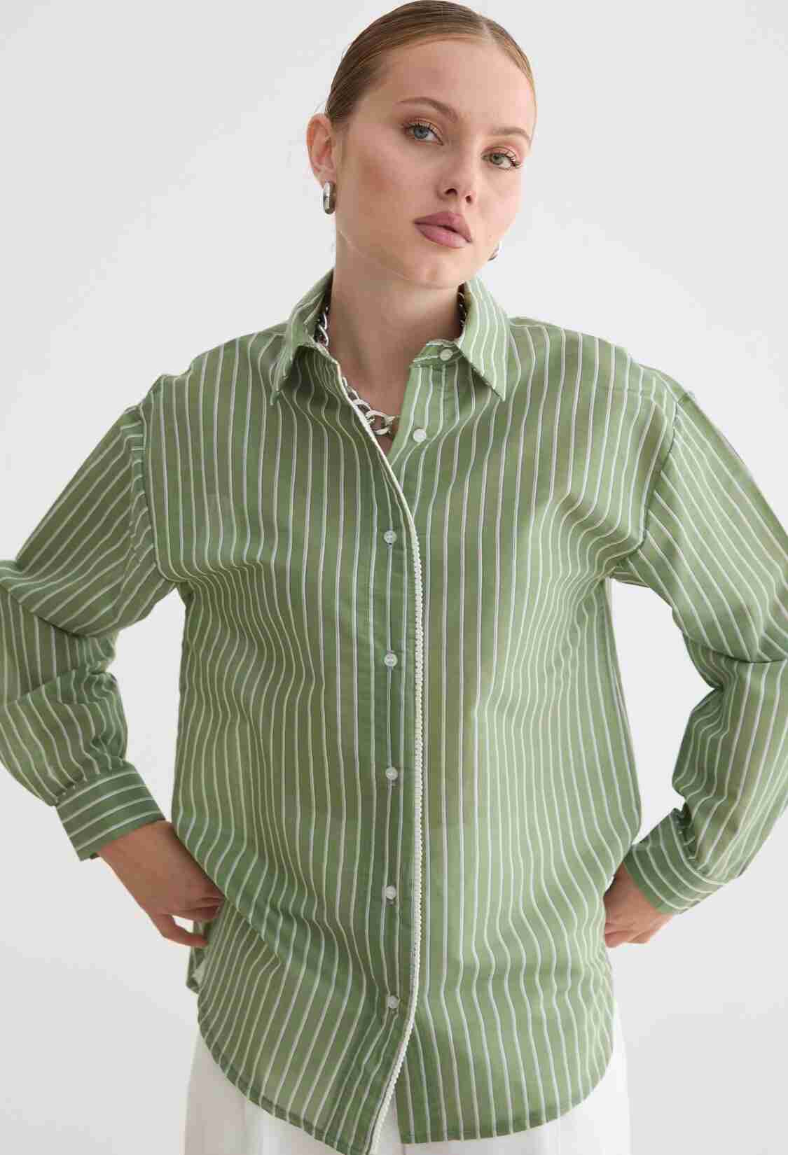 Green Striped Casual Formal Preppy Shirt - Brand: Levure - Women & Kids, Baby Clothes Wholesale - TheBS Women