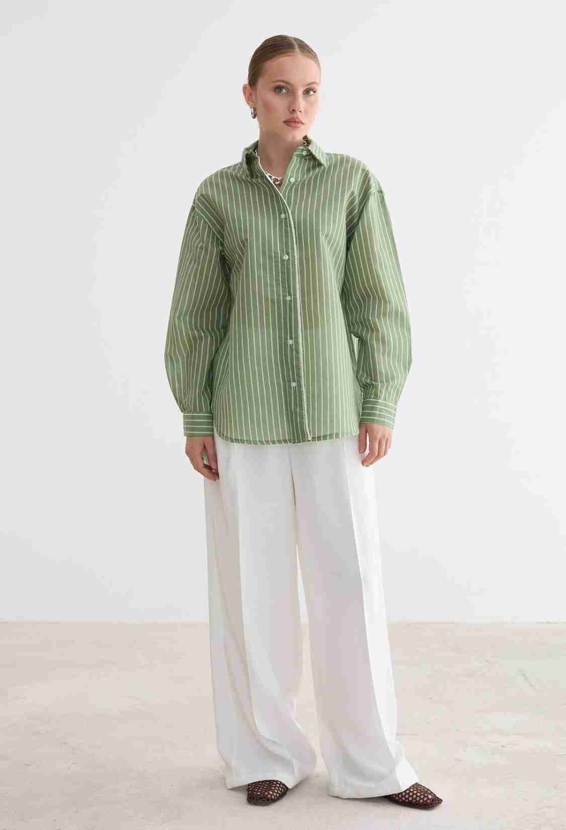 Green Striped Casual Formal Preppy Shirt - Brand: Levure - Women & Kids, Baby Clothes Wholesale - TheBS Women