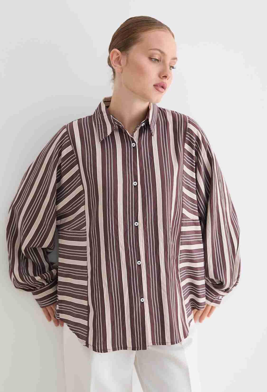 Striped Oversized Fit Shirt With Ballon Sleeves - Brand: Levure - Women & Kids, Baby Clothes Wholesale - TheBS Women