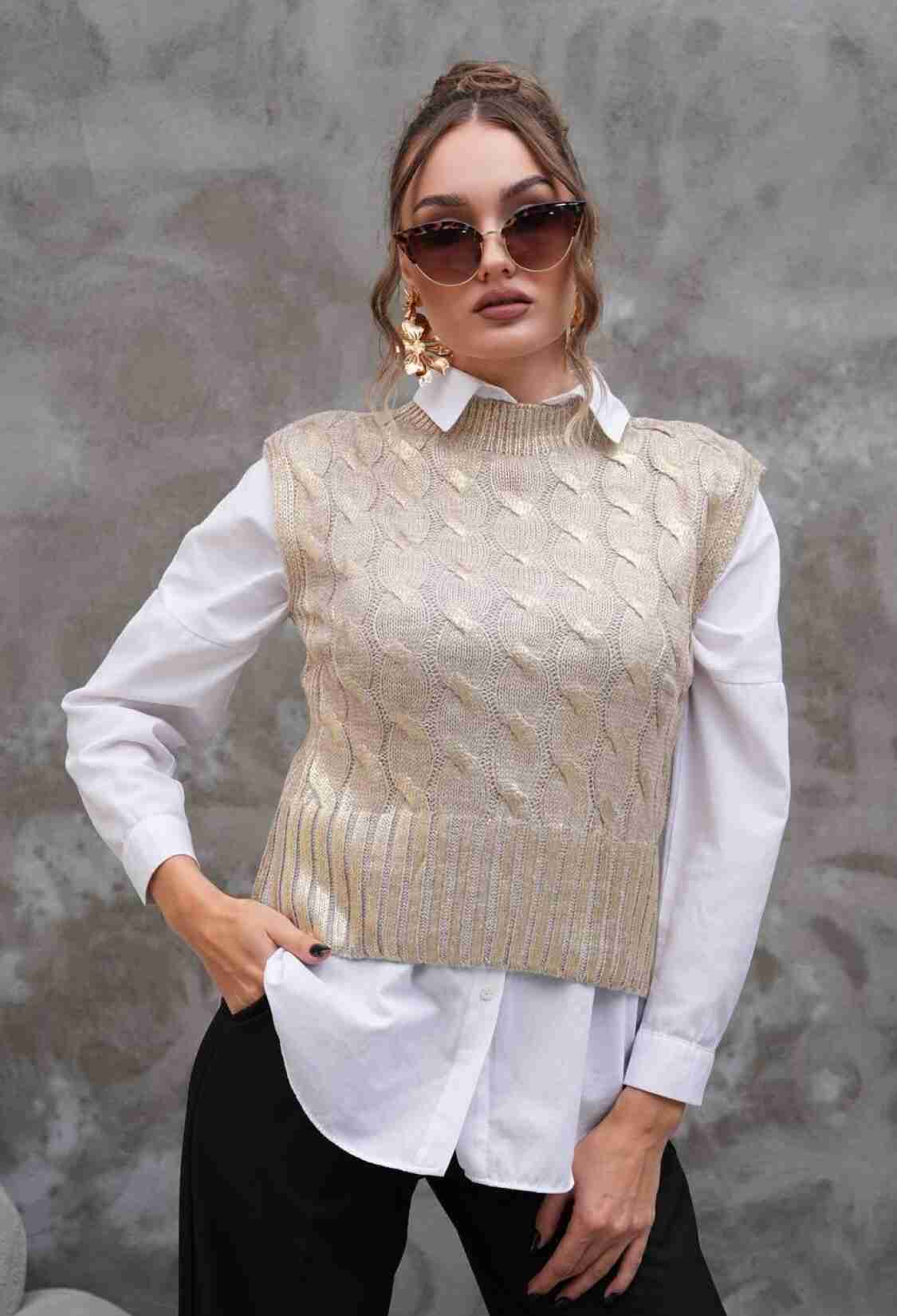 Beige Sweater With High Neck And Sleeveless Design - Brand: My Jest Fashion - Women & Kids, Baby Clothes Wholesale - TheBS Women