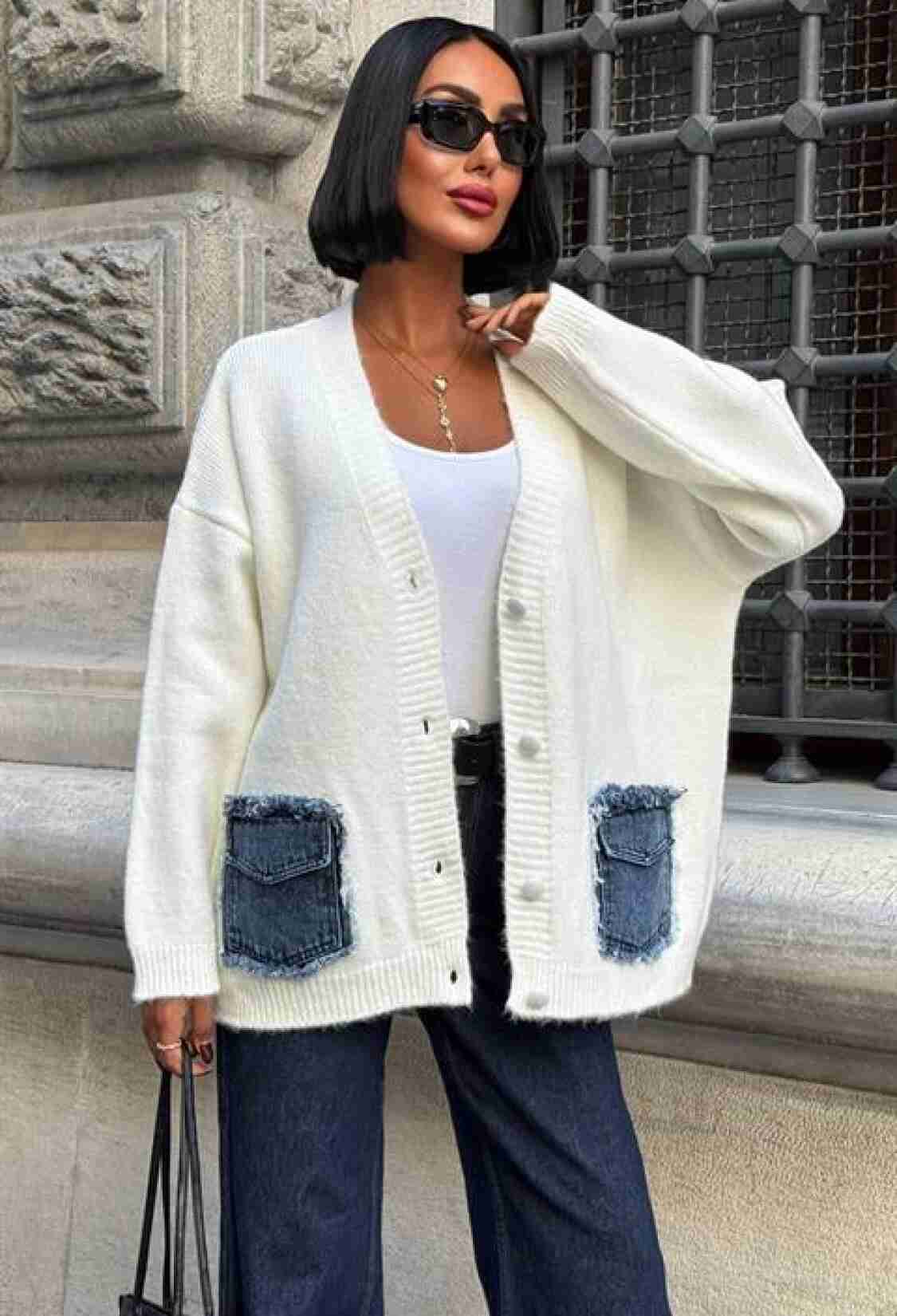White Casual Oversized Cardigan With Buttoned Flap Pockets - Brand: Sobe Istanbul - Women & Kids, Baby Clothes Wholesale - TheBS Women